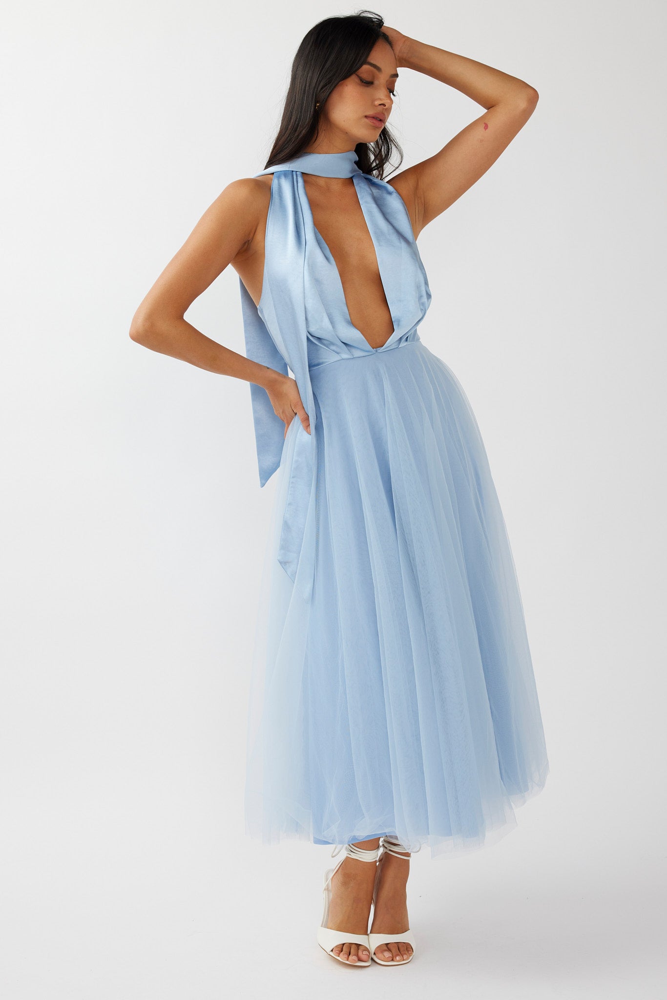 Darci Plunging Neckline Tulle Midi Dress Blue-Maymioy