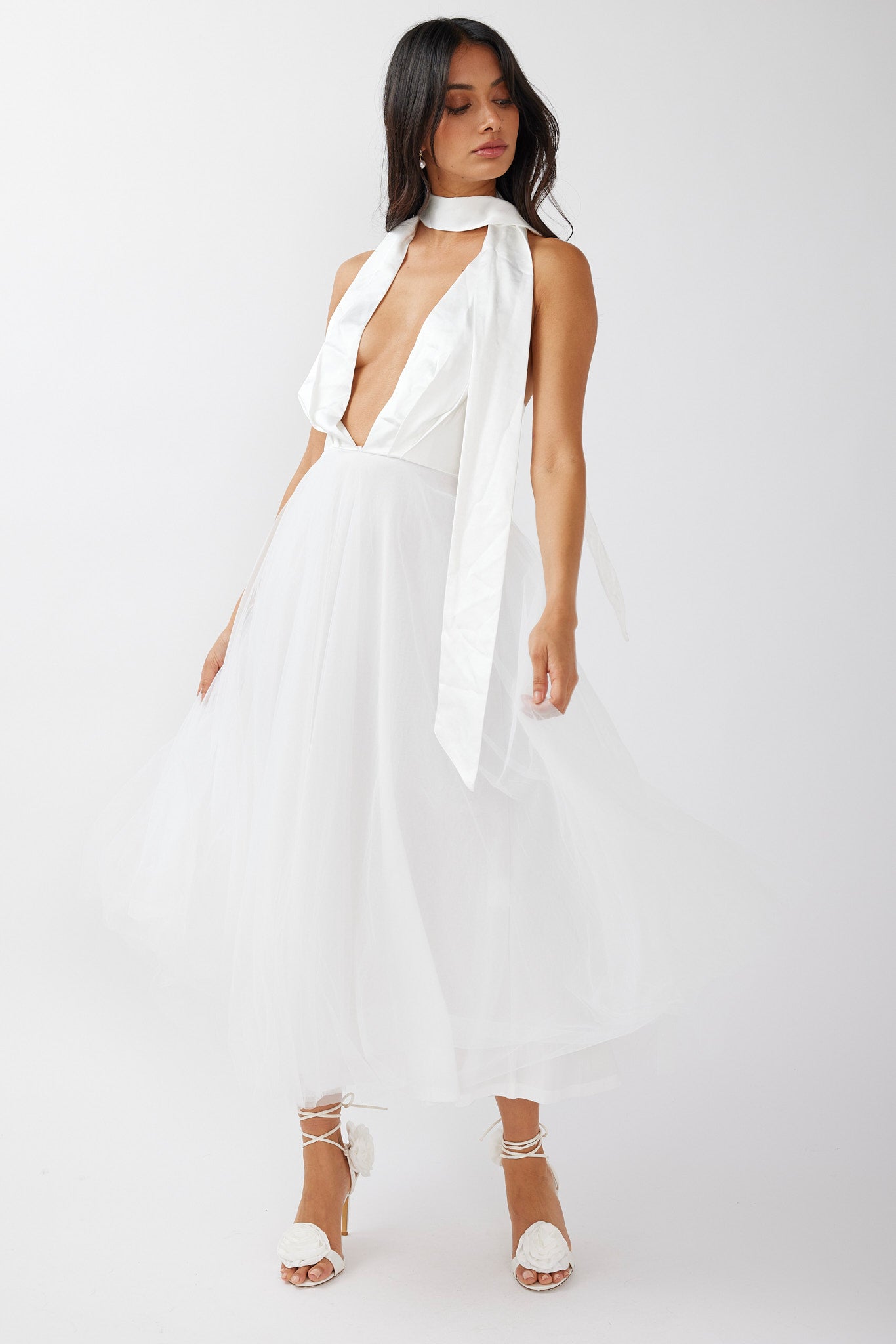 Darci Plunging Neckline Tulle Midi Dress White-Maymioy