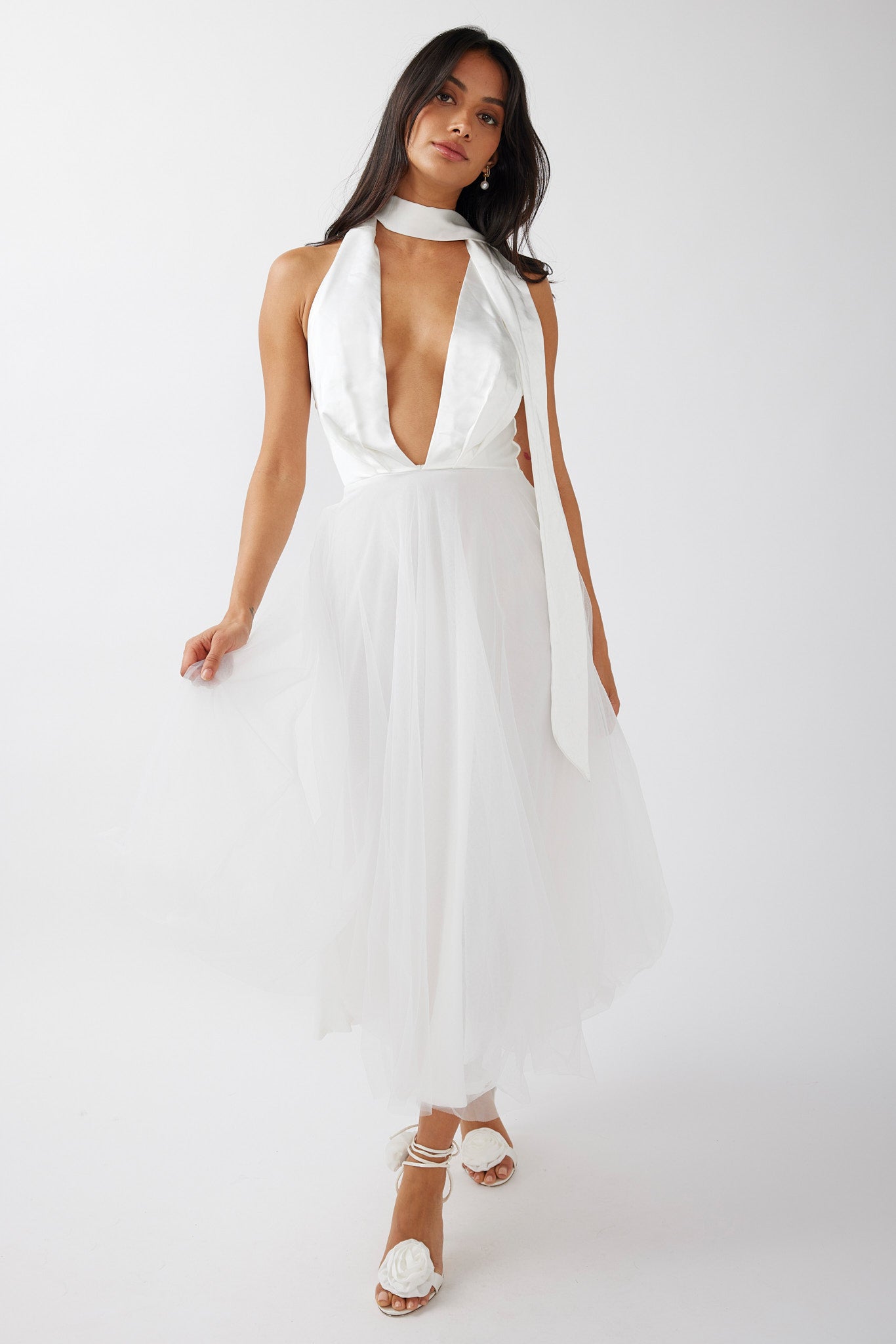 Darci Plunging Neckline Tulle Midi Dress White-Maymioy