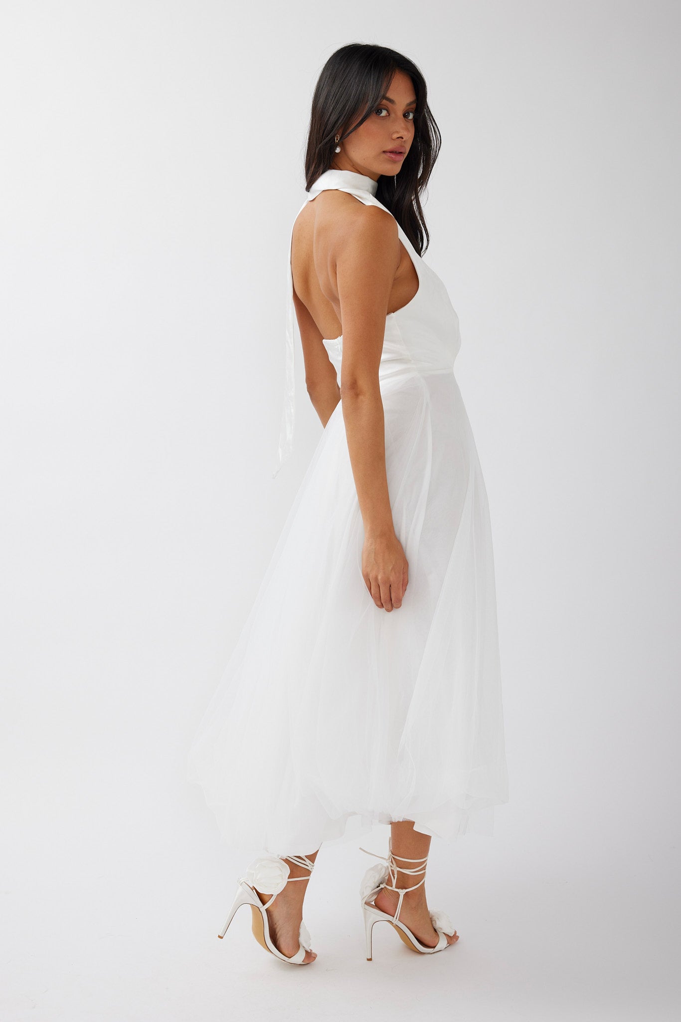 Darci Plunging Neckline Tulle Midi Dress White-Maymioy