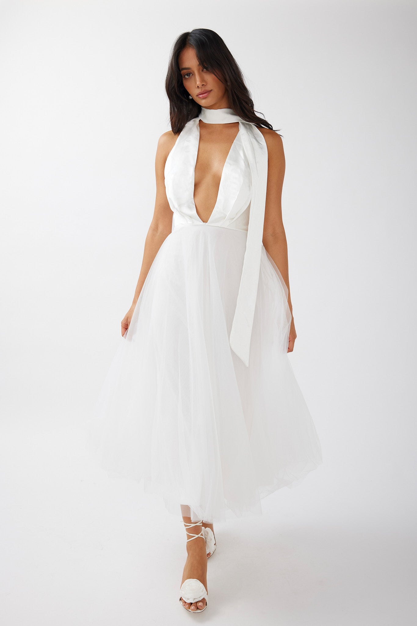 Darci Plunging Neckline Tulle Midi Dress White-Maymioy