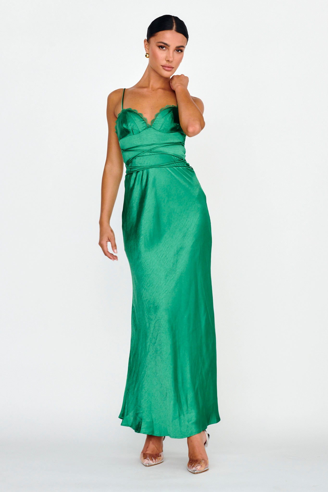 Silver Lining String Tie Waist Dress Forest Green-Maymioy