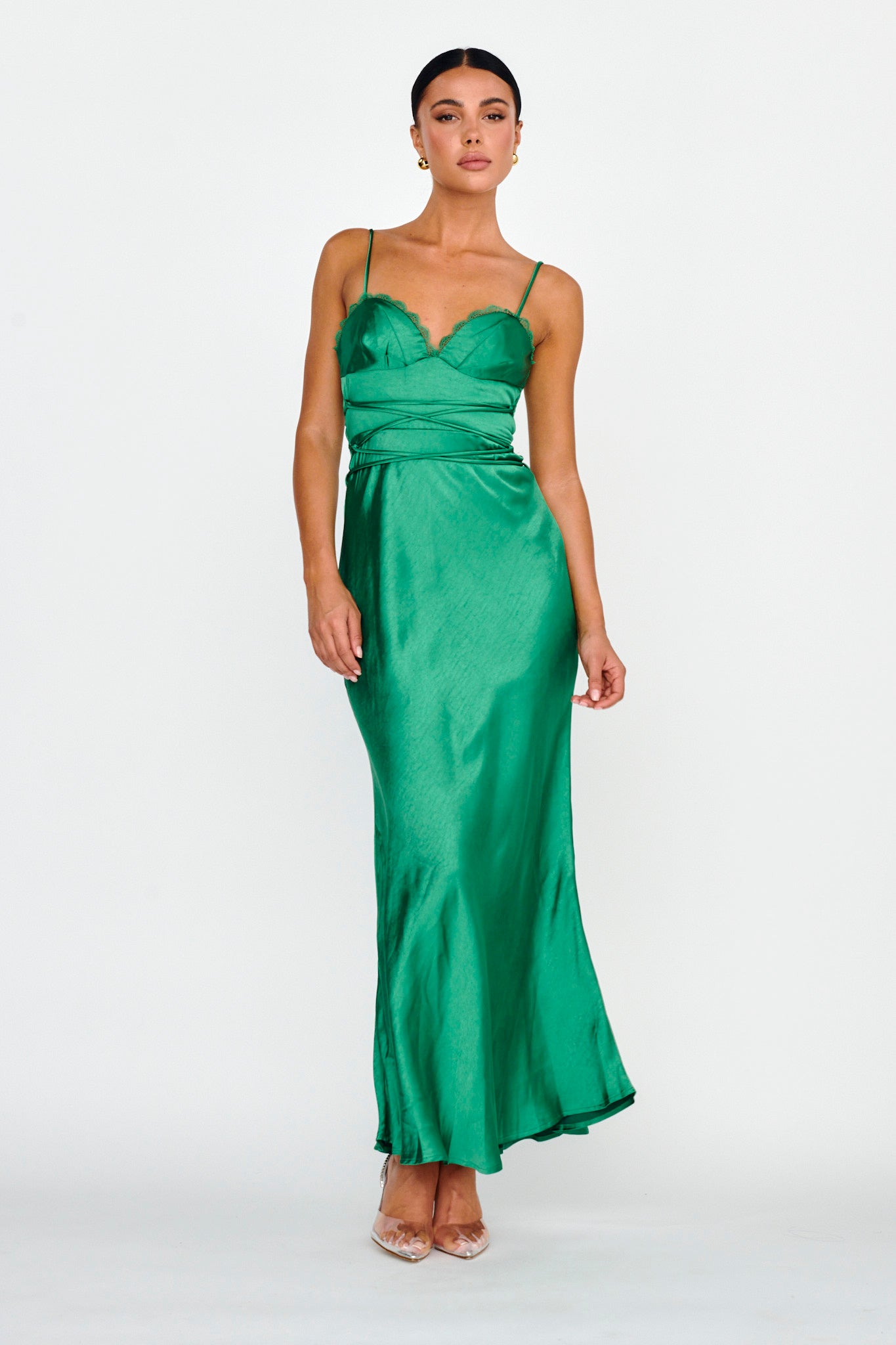 Silver Lining String Tie Waist Dress Forest Green-Maymioy