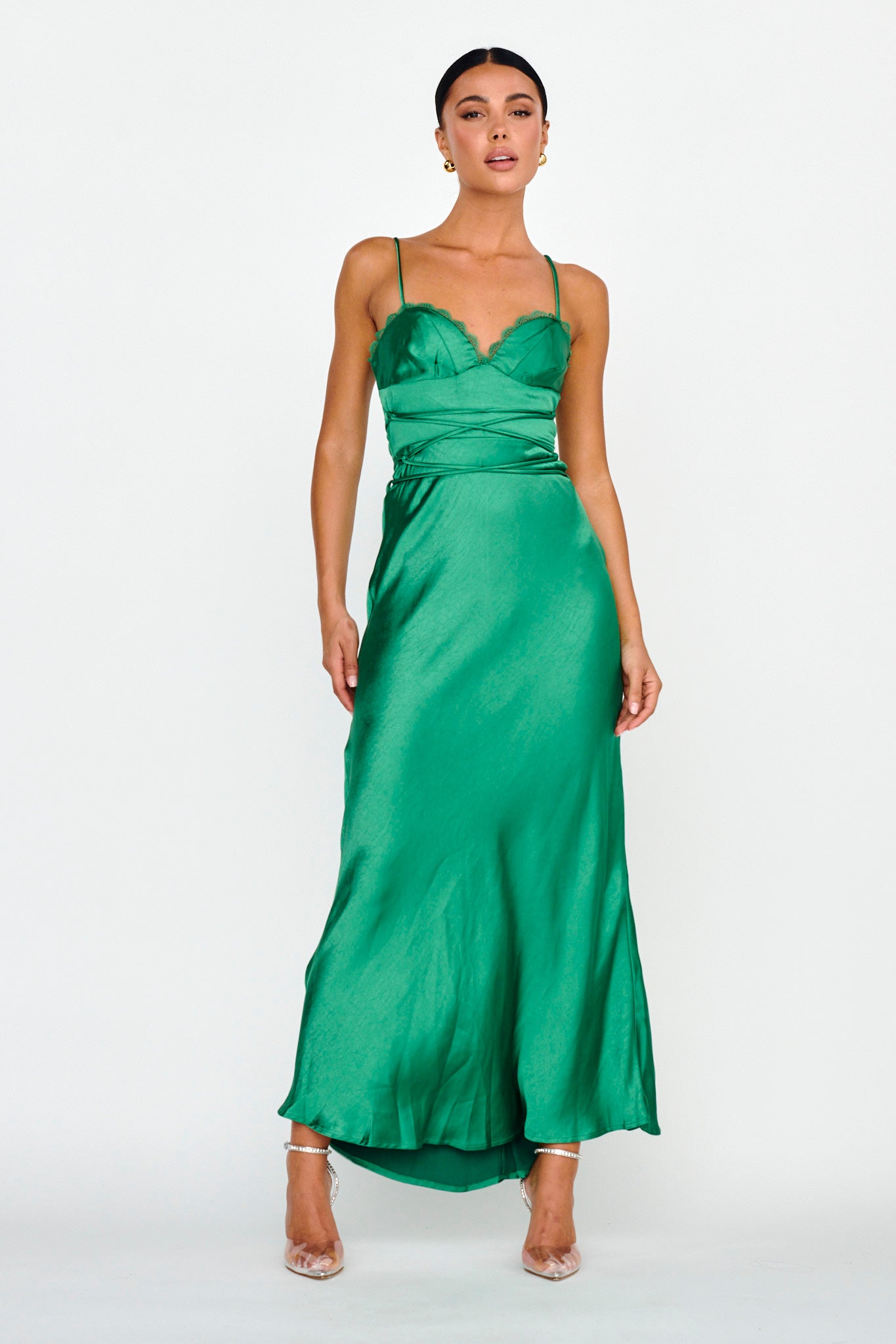 Silver Lining String Tie Waist Dress Forest Green-Maymioy
