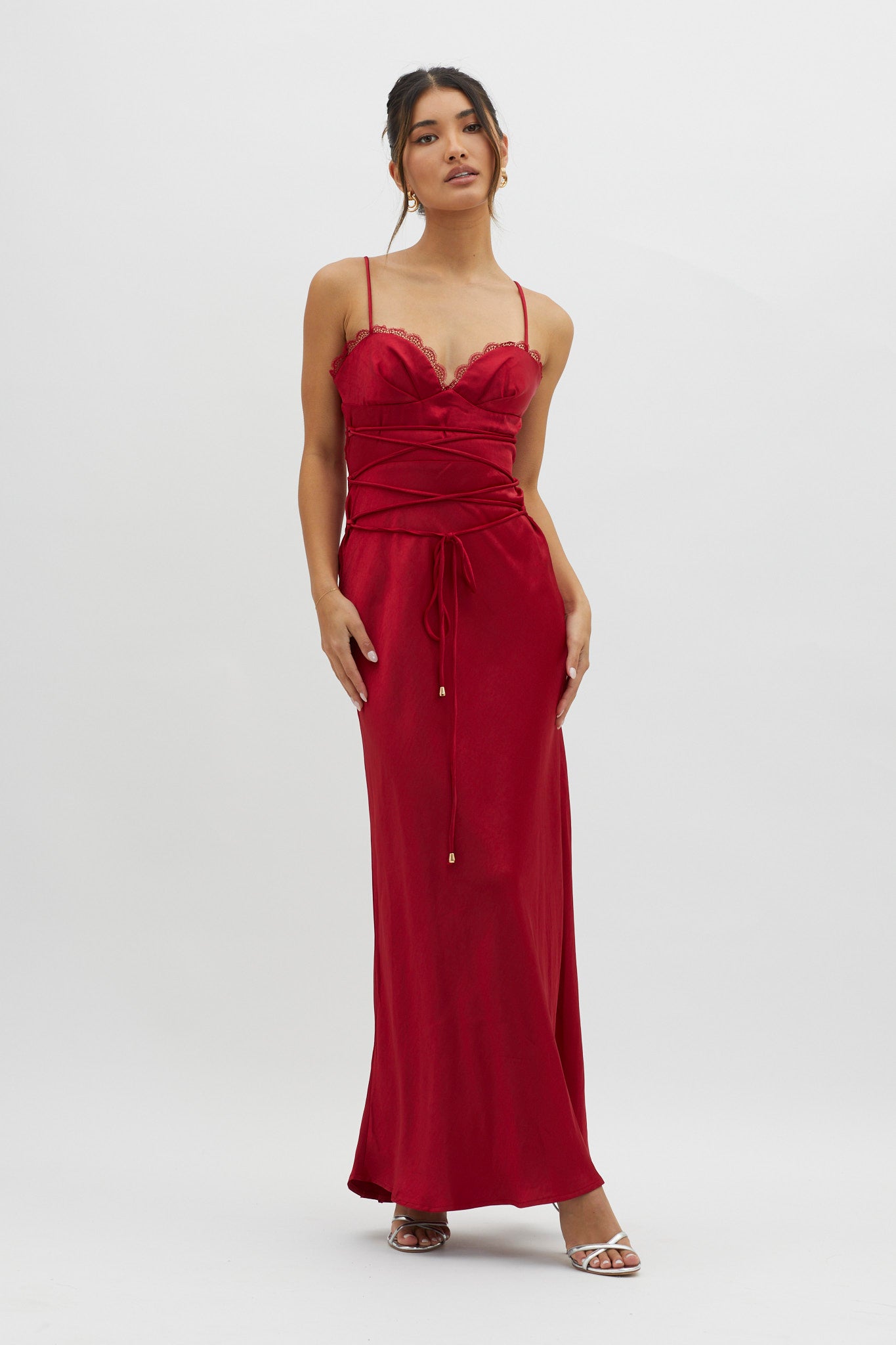 Silver Lining String Tie Waist Dress Red-Maymioy
