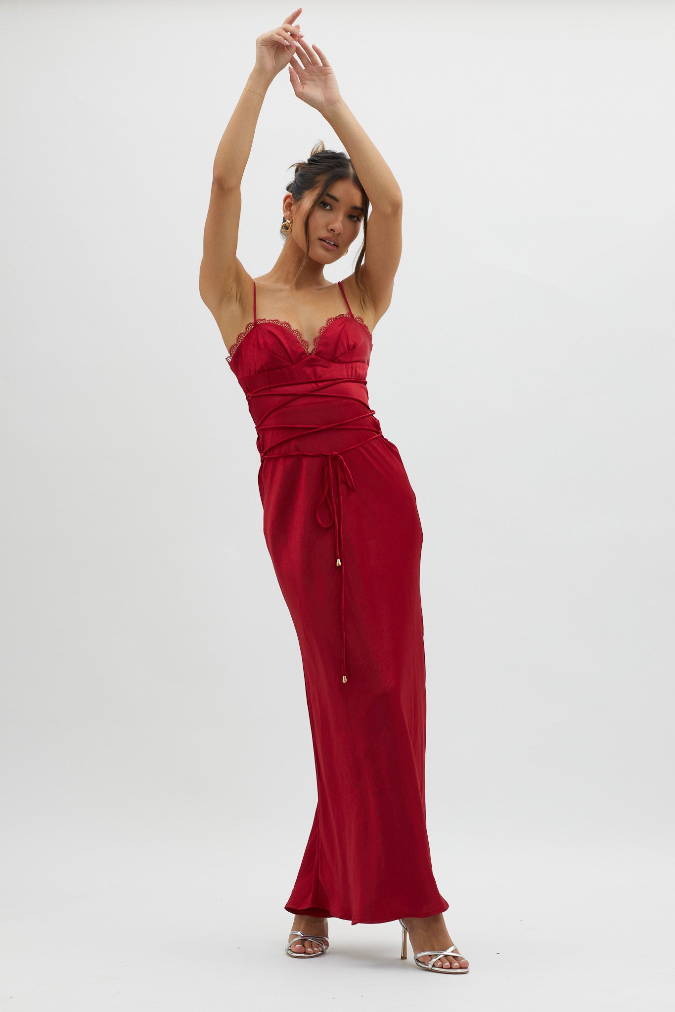 Silver Lining String Tie Waist Dress Red-Maymioy