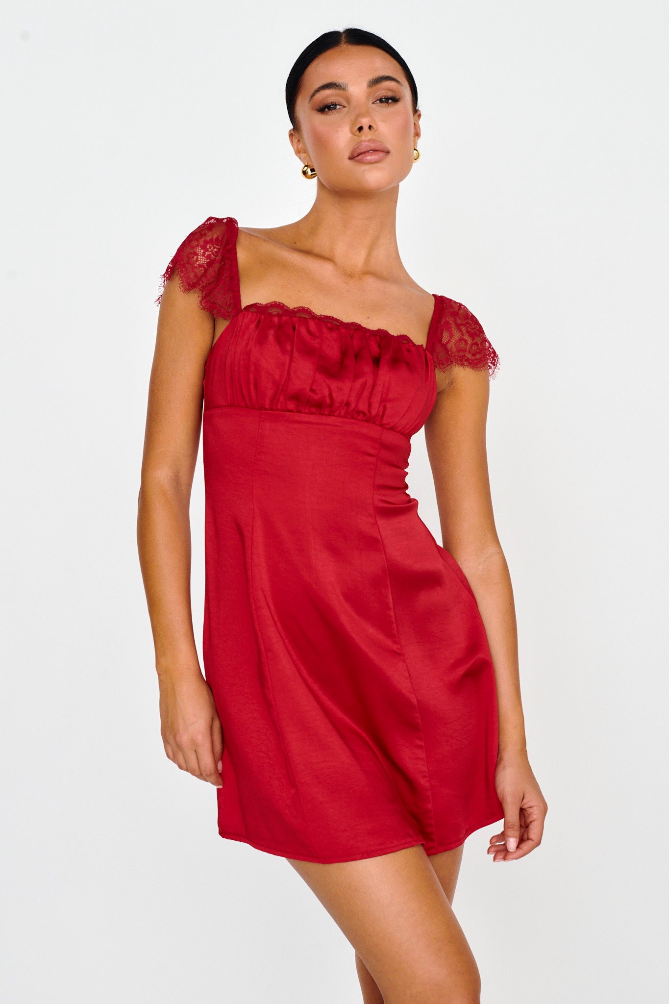 Invites Only Lace Shoulder Mini Dress Red-Maymioy