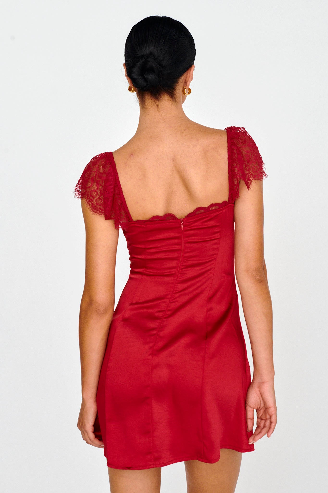 Invites Only Lace Shoulder Mini Dress Red-Maymioy