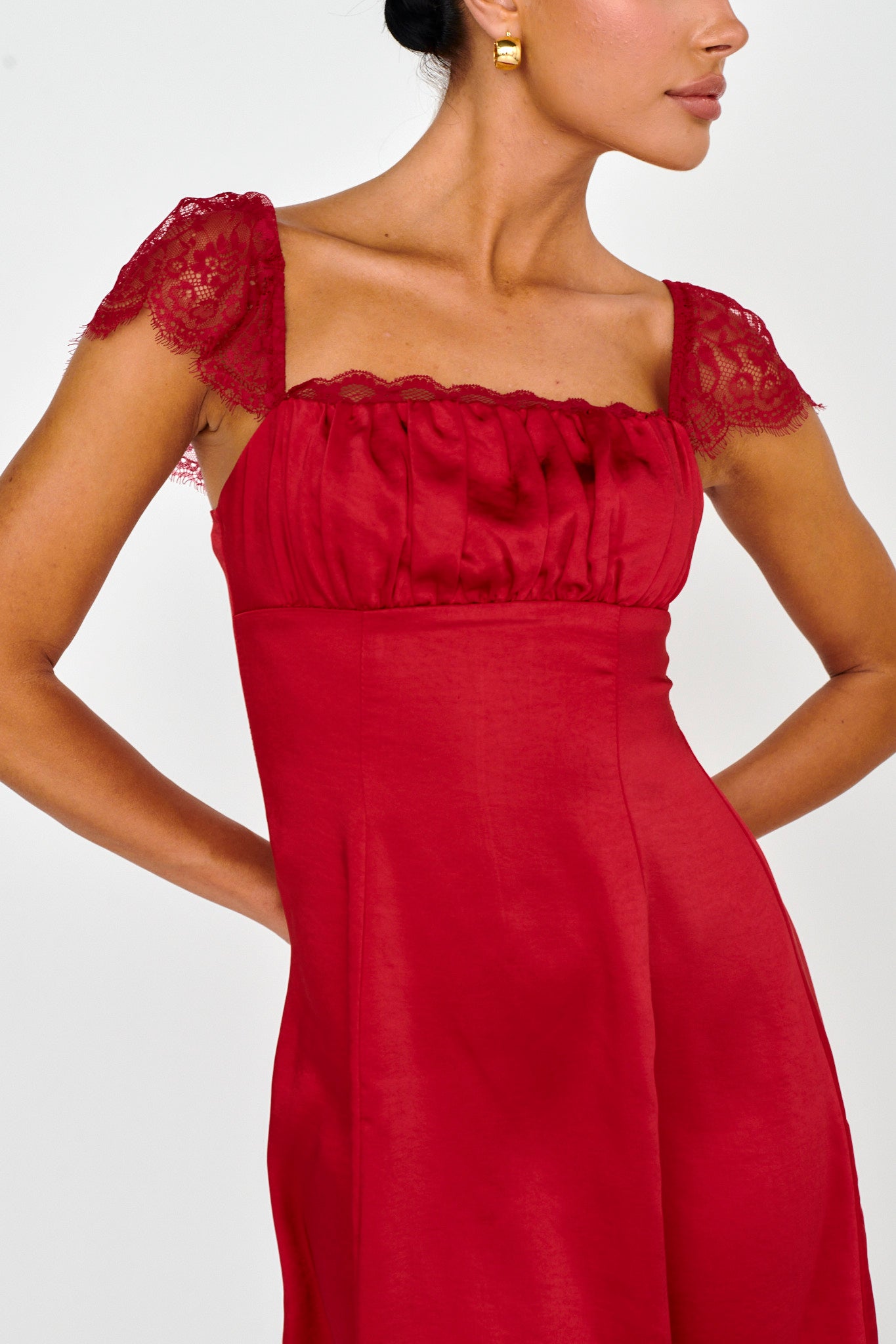 Invites Only Lace Shoulder Mini Dress Red-Maymioy