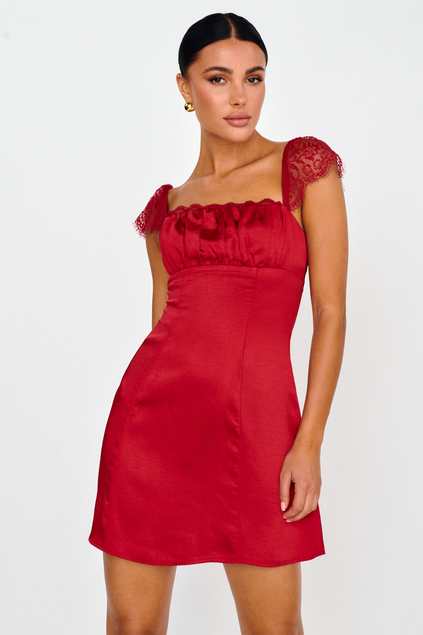 Invites Only Lace Shoulder Mini Dress Red-Maymioy