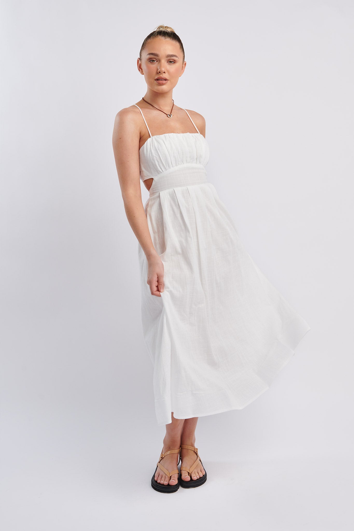 June Sun Tied Back Midi Dress White-Maymioy