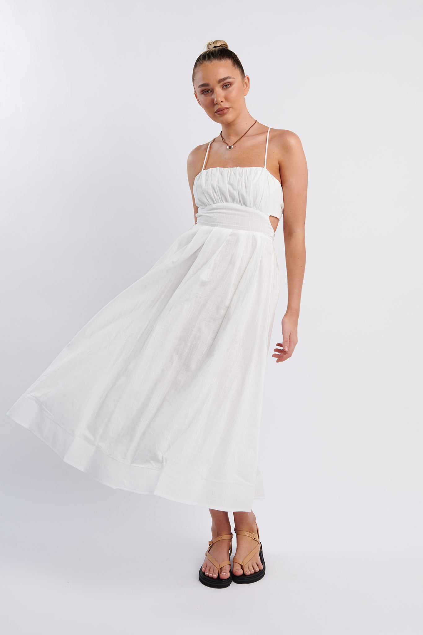 June Sun Tied Back Midi Dress White-Maymioy