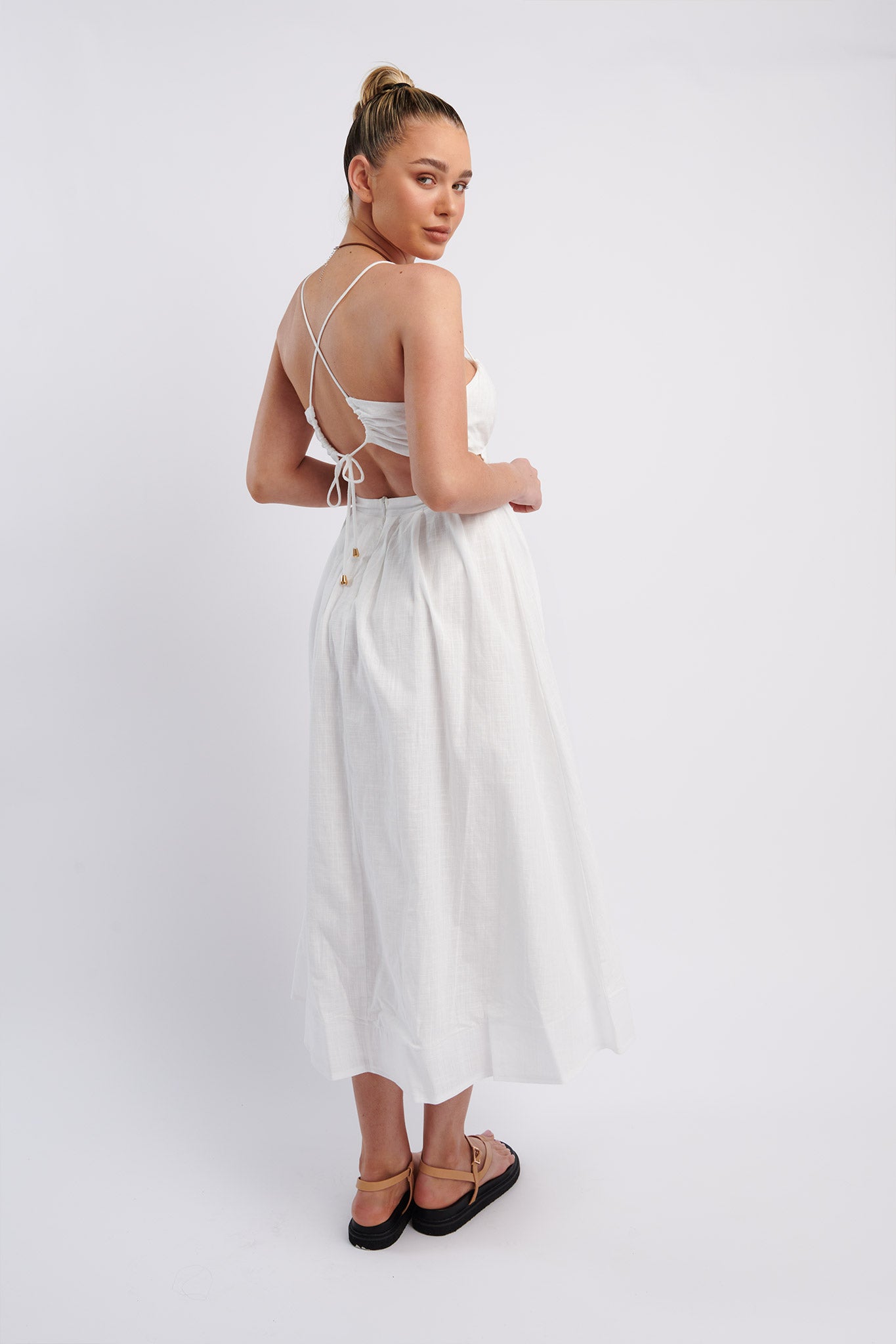 June Sun Tied Back Midi Dress White-Maymioy