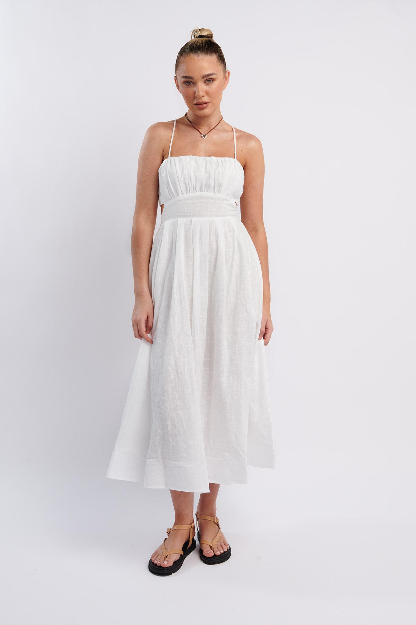June Sun Tied Back Midi Dress White-Maymioy