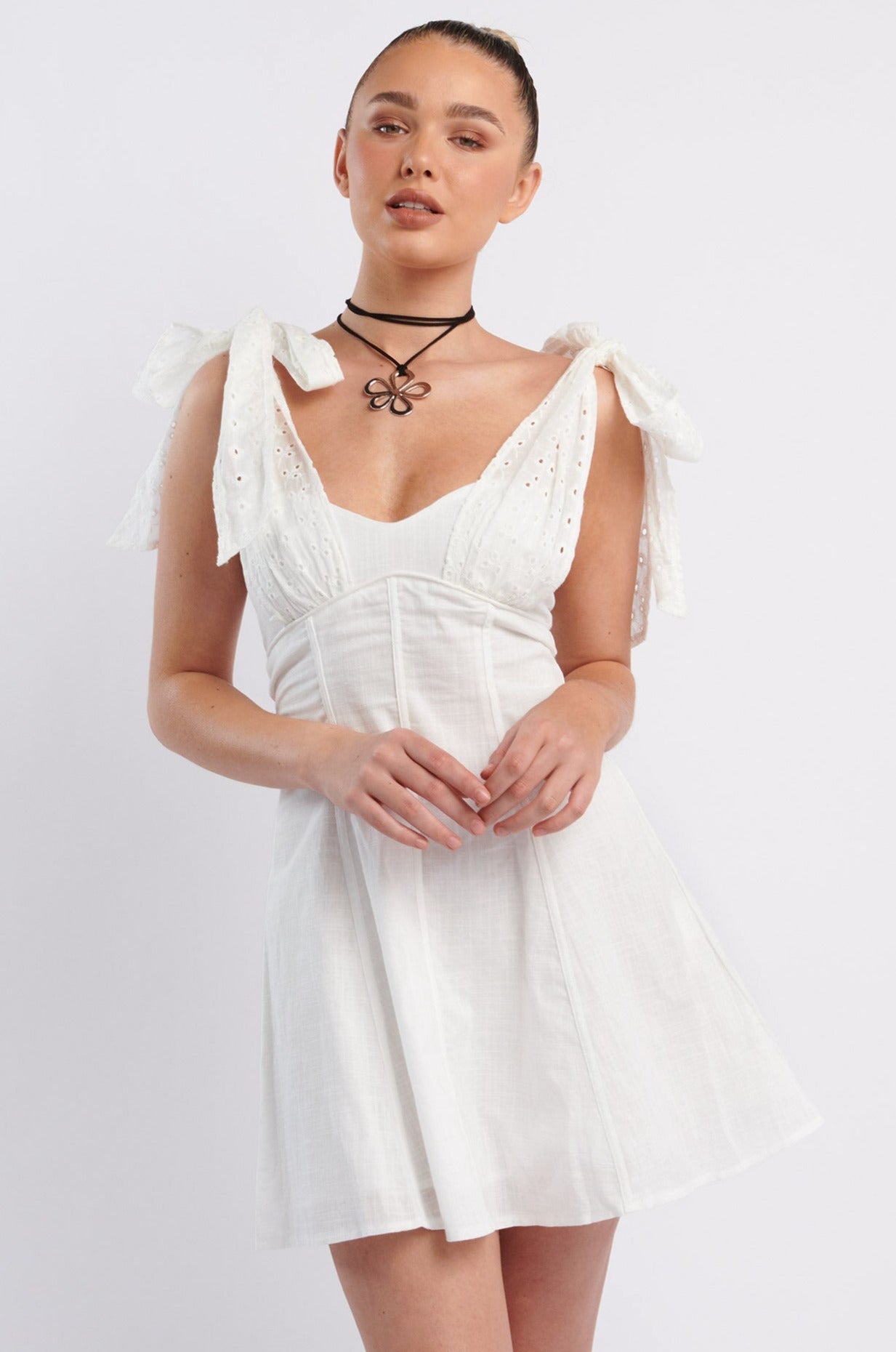 Kellie Bow Shoulder Mini Dress White-Maymioy