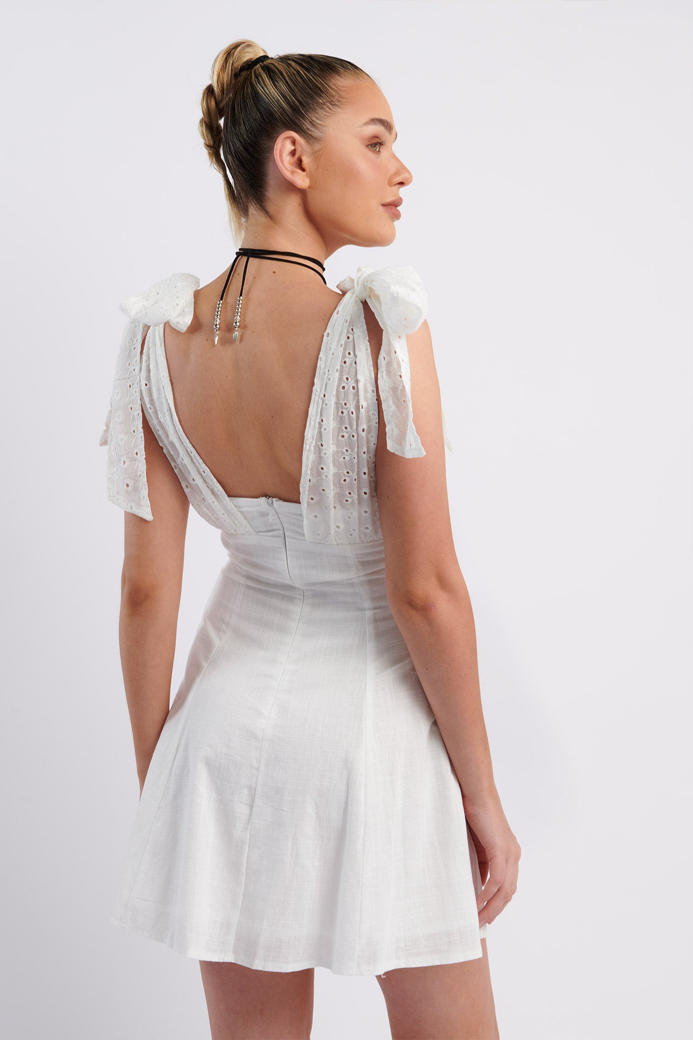 Kellie Bow Shoulder Mini Dress White-Maymioy