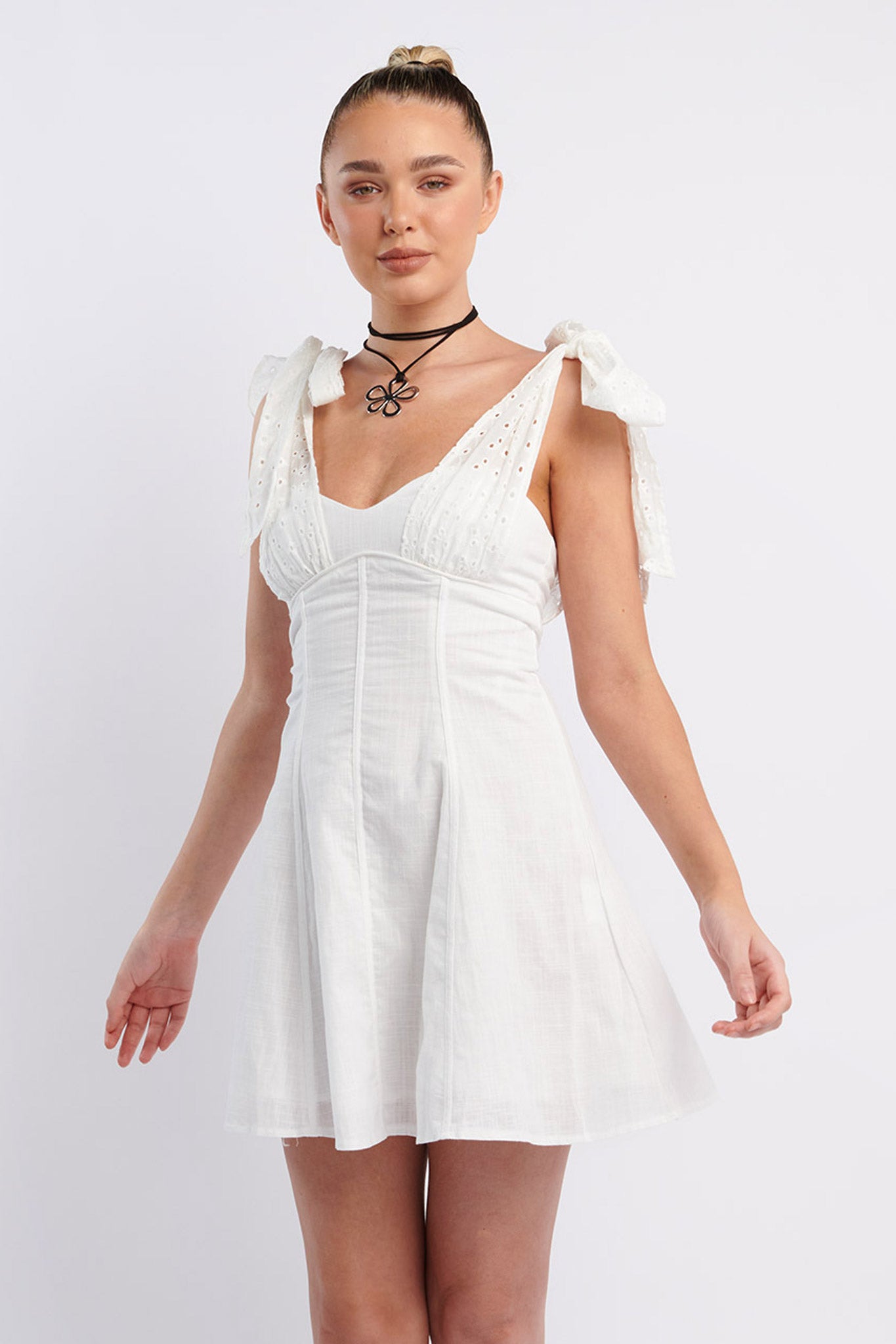 Kellie Bow Shoulder Mini Dress White-Maymioy