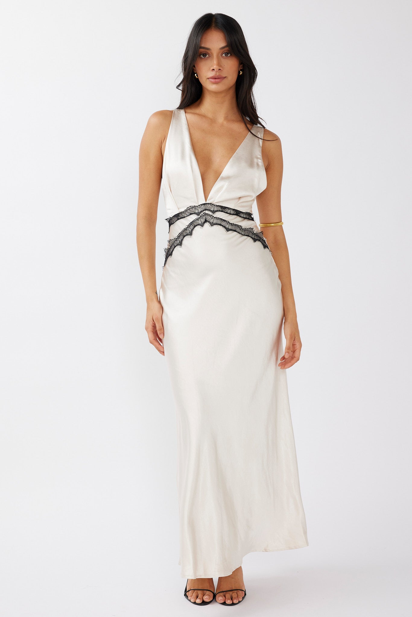 Theriz Lace Trim Tied Back Maxi Dress Champagne-Maymioy