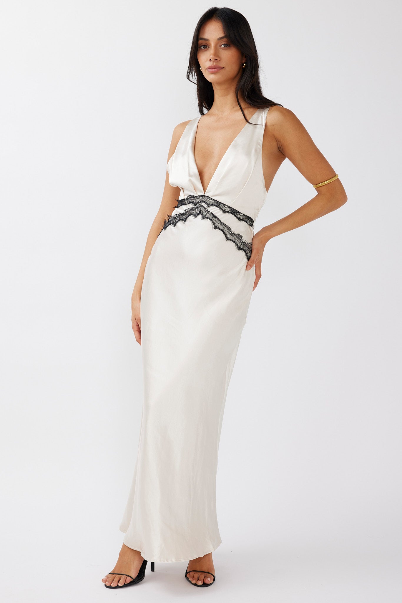 Theriz Lace Trim Tied Back Maxi Dress Champagne-Maymioy