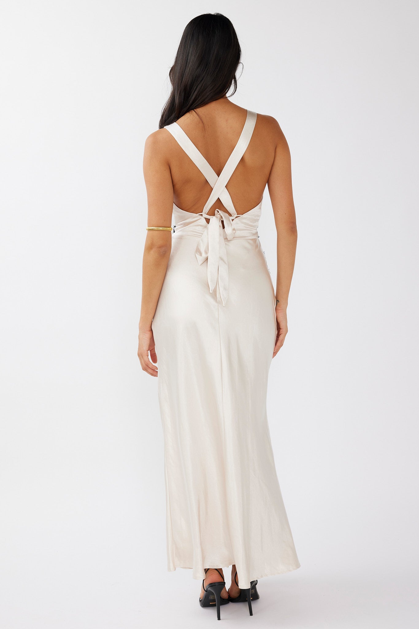 Theriz Lace Trim Tied Back Maxi Dress Champagne-Maymioy