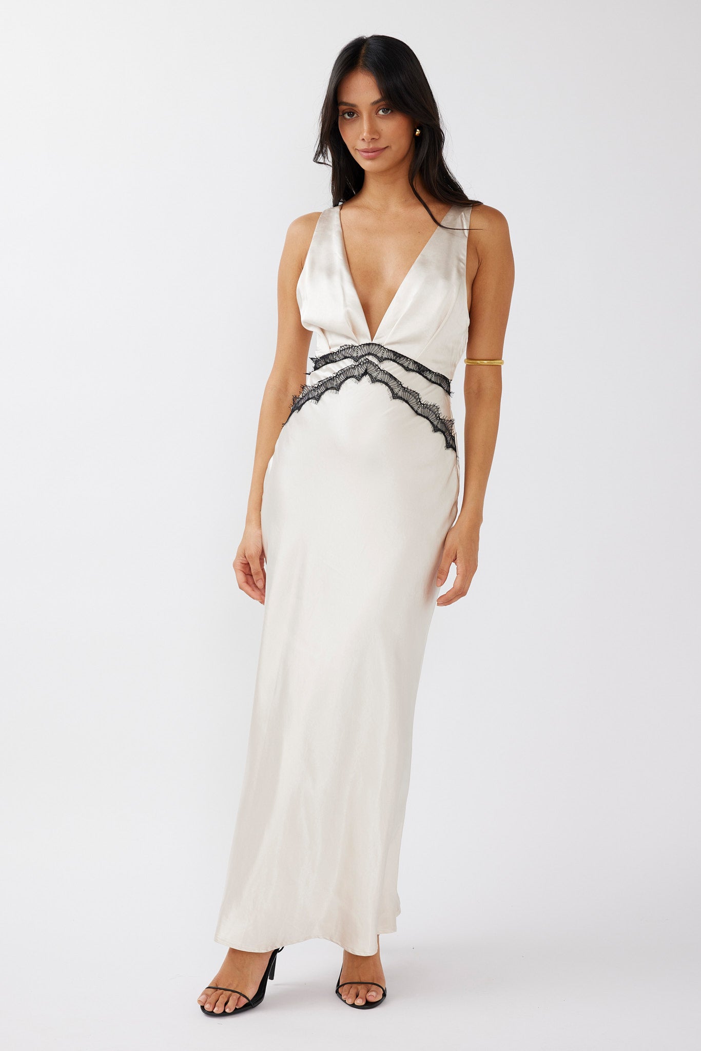 Theriz Lace Trim Tied Back Maxi Dress Champagne-Maymioy
