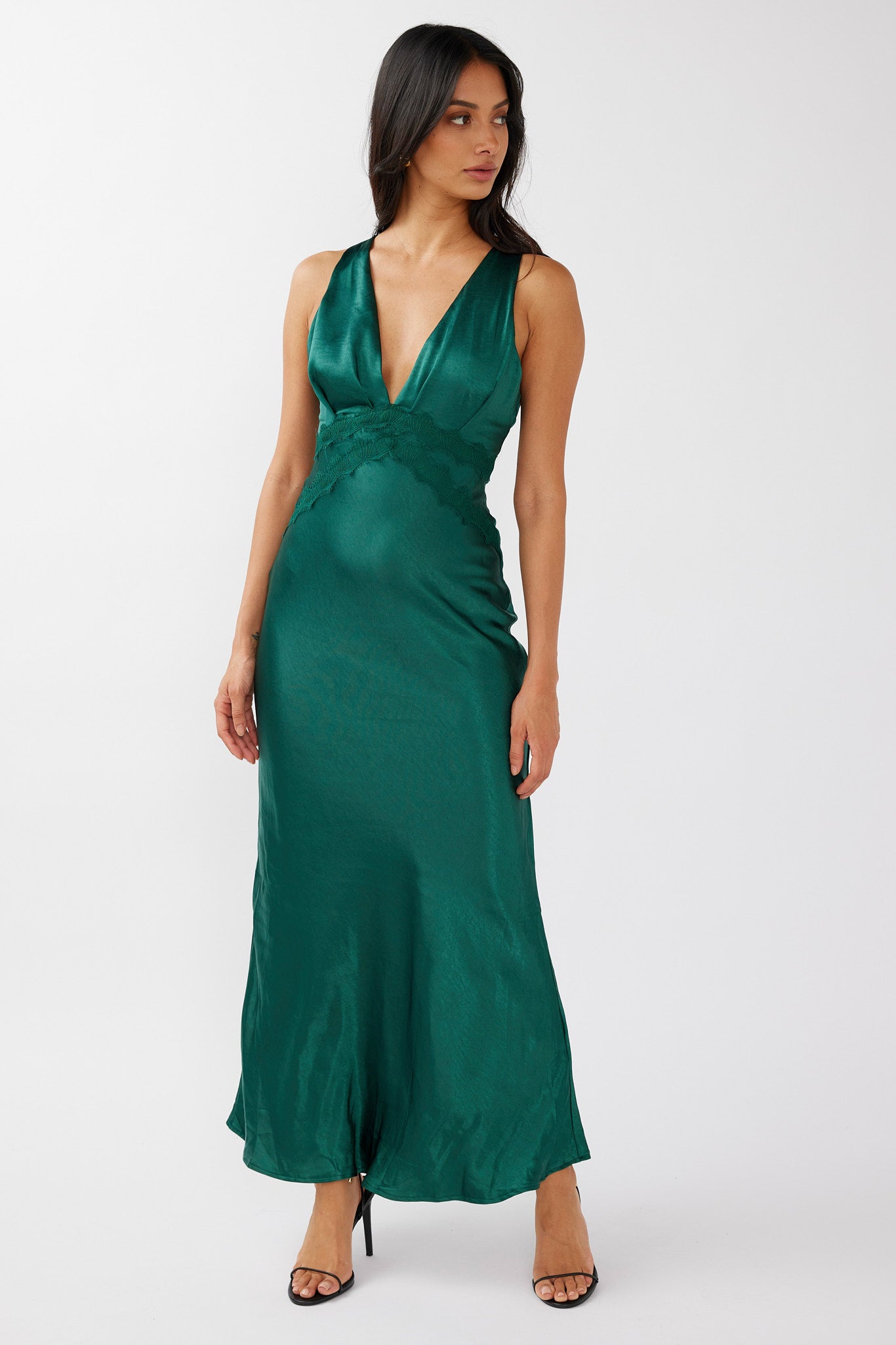 Theriz Lace Trim Tied Back Maxi Dress Green-Maymioy