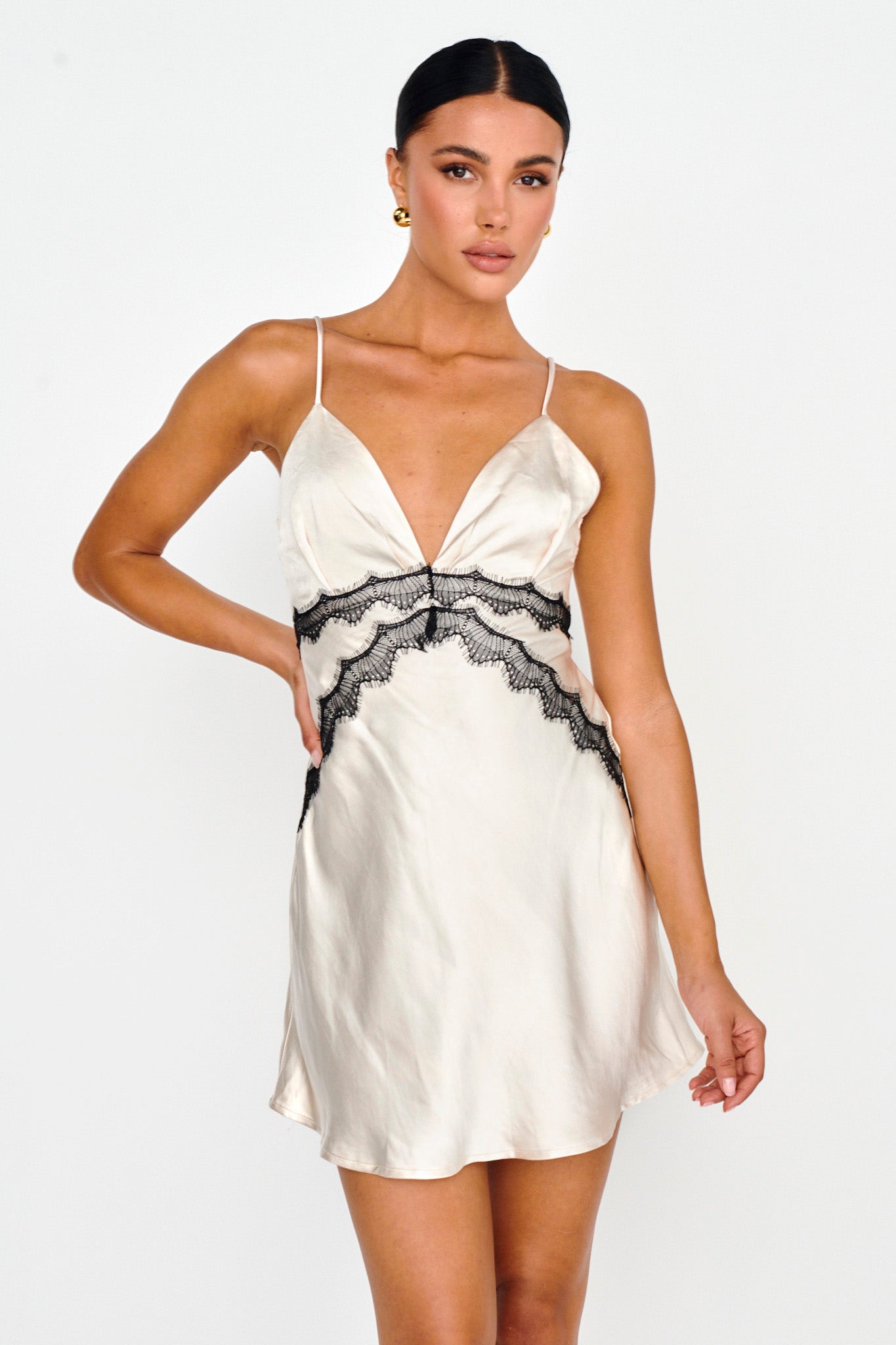 Theriz Lace Trim Cami Mini Dress Champagne-Maymioy