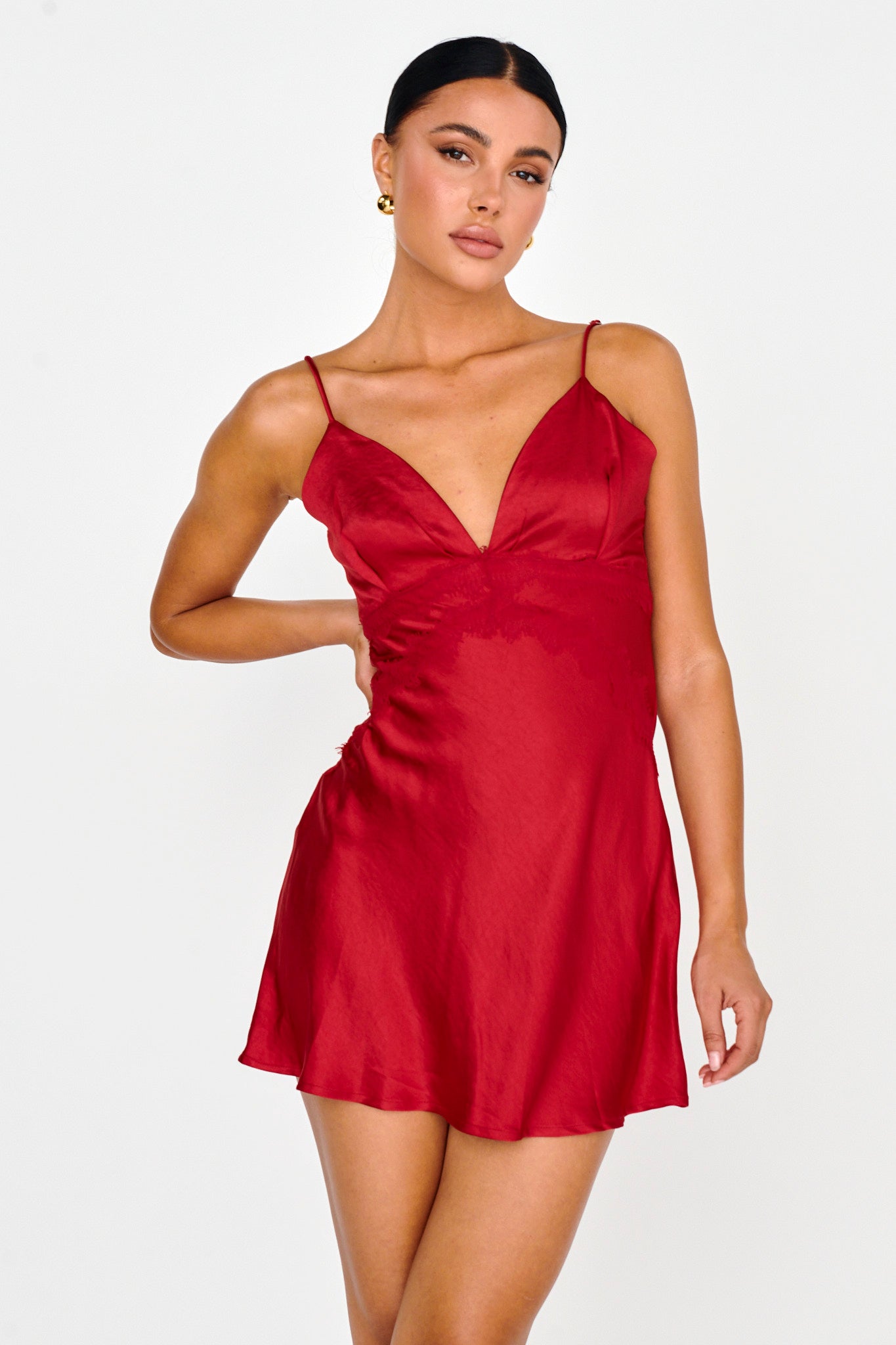 Theriz Lace Trim Cami Mini Dress Red-Maymioy