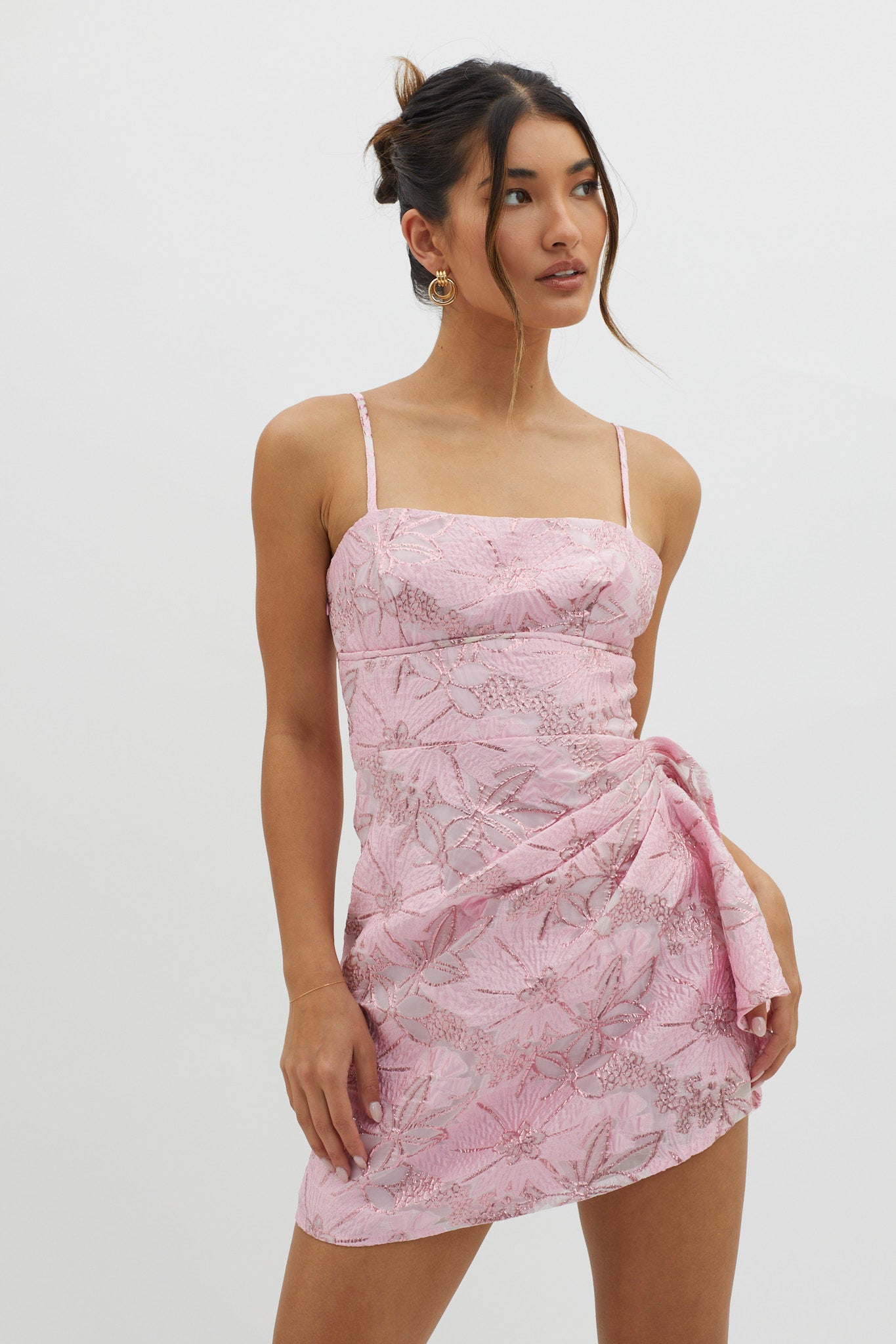 Sterling Gathered Waist Embroidery Mini Dress Pink-Maymioy