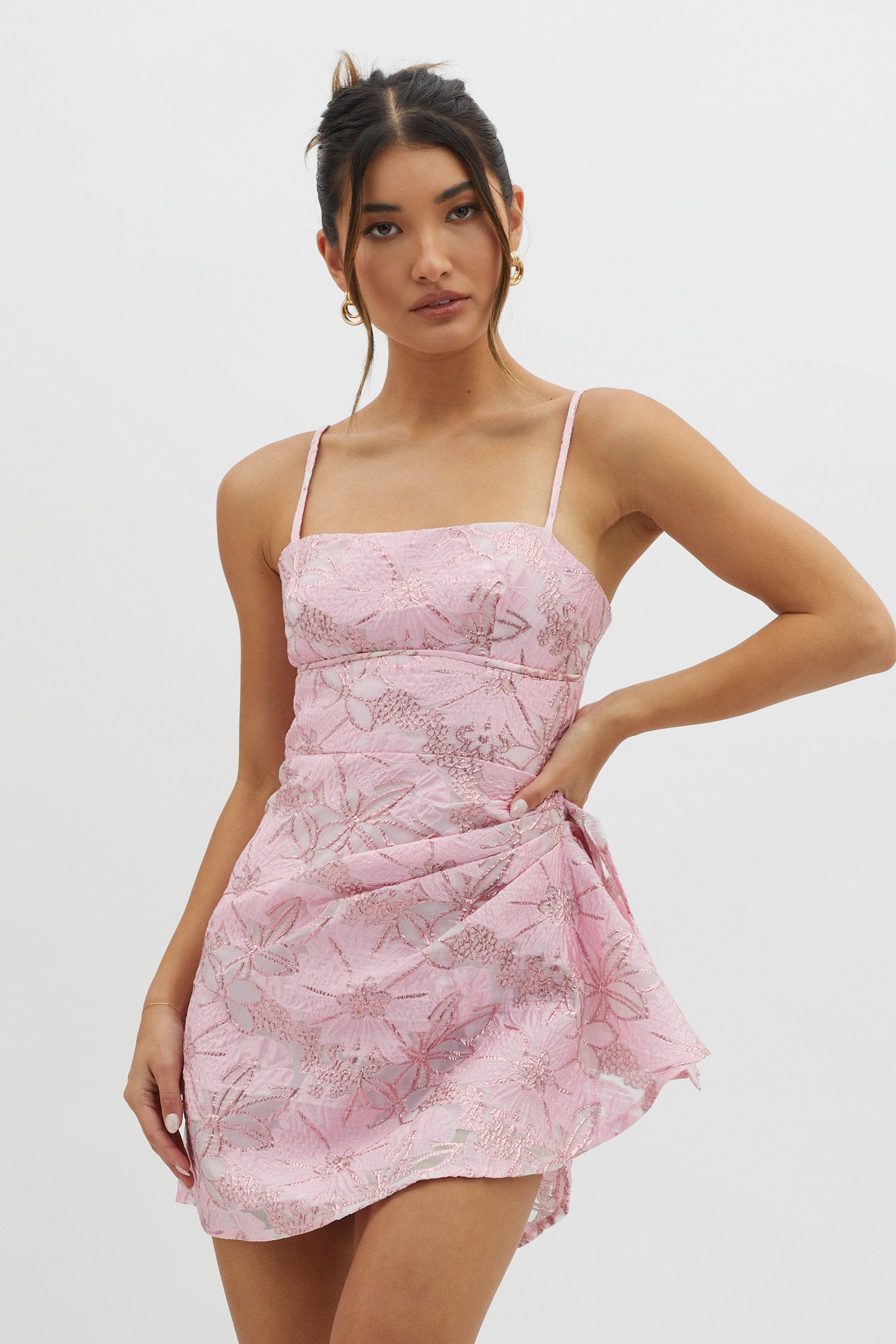 Sterling Gathered Waist Embroidery Mini Dress Pink-Maymioy