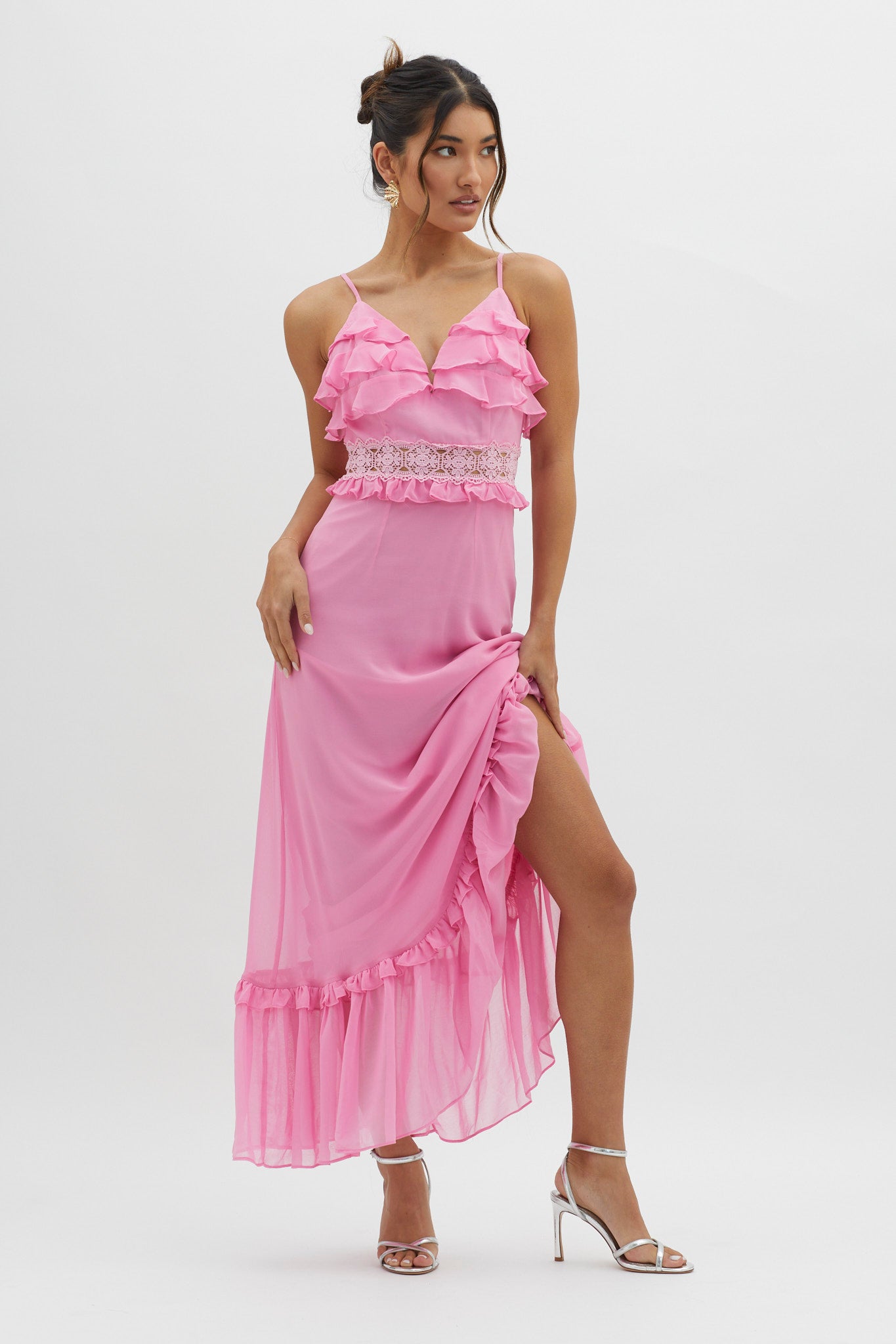 Spirited Ruffle Bust Maxi Dress Pink-Maymioy