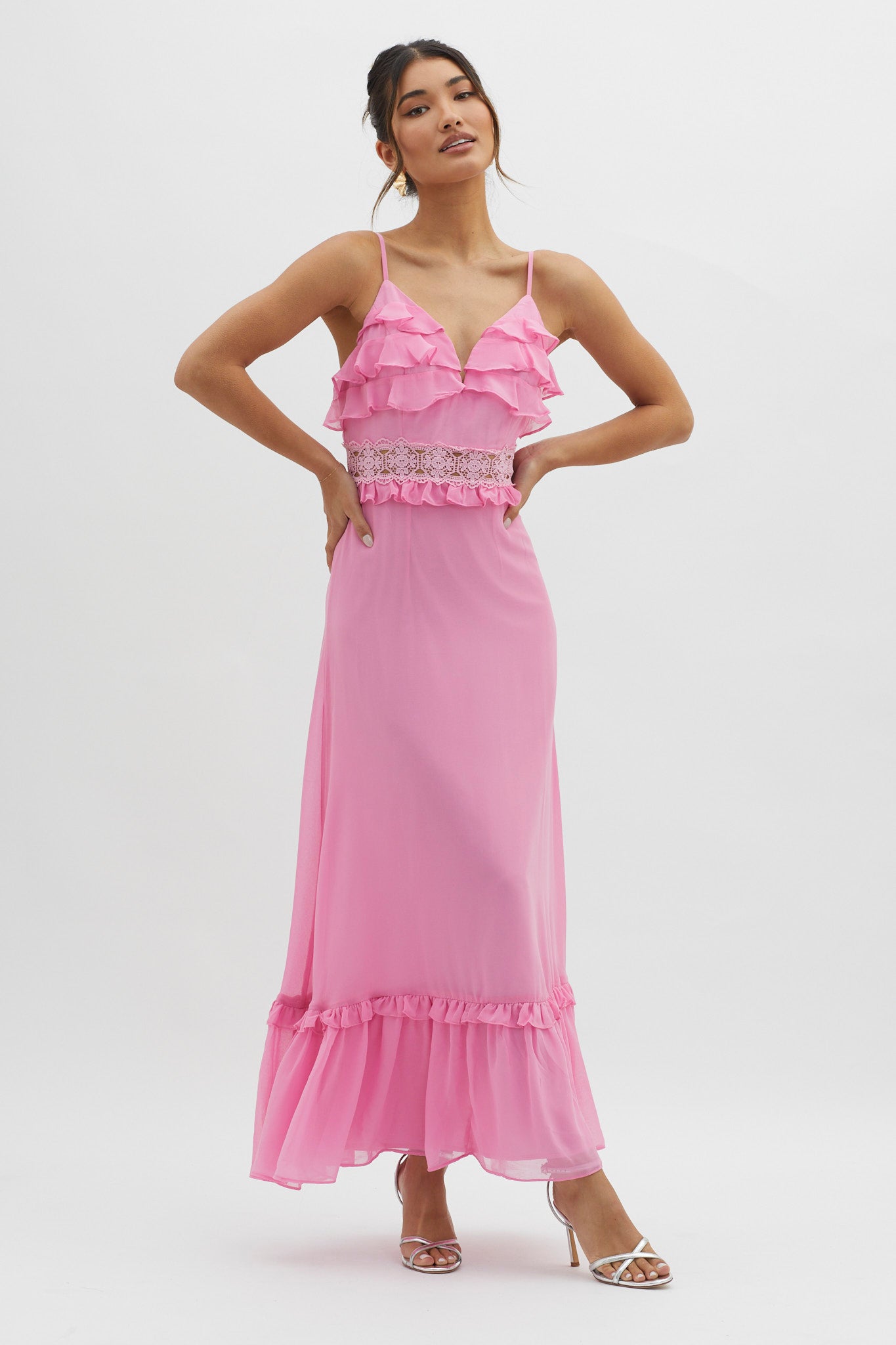 Spirited Ruffle Bust Maxi Dress Pink-Maymioy