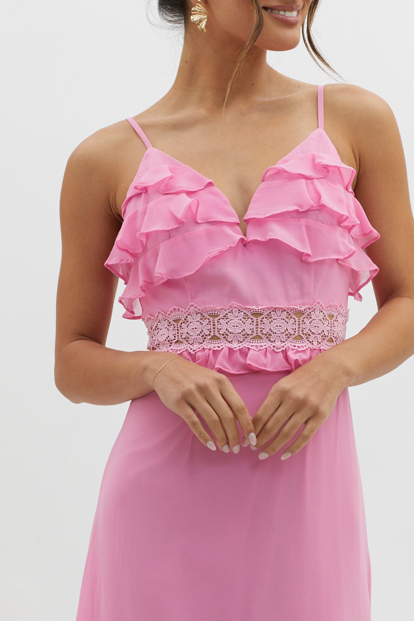 Spirited Ruffle Bust Maxi Dress Pink-Maymioy