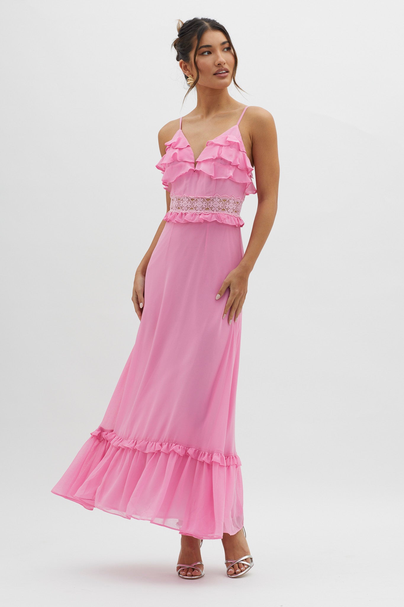 Spirited Ruffle Bust Maxi Dress Pink-Maymioy