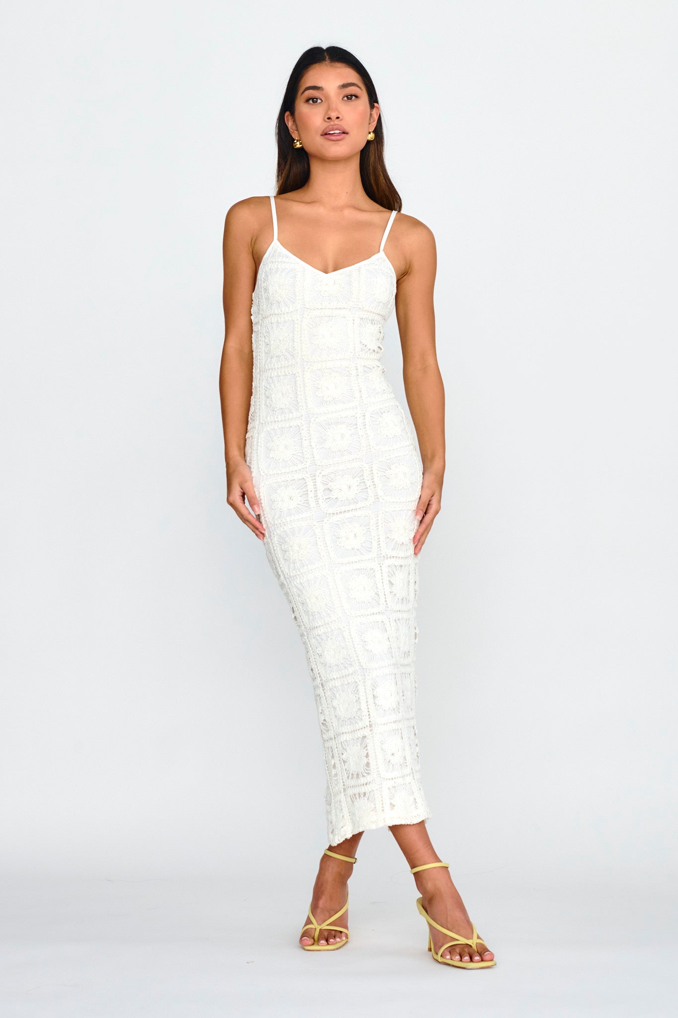 Cayman Sunset Crochet Midi Dress White-Maymioy