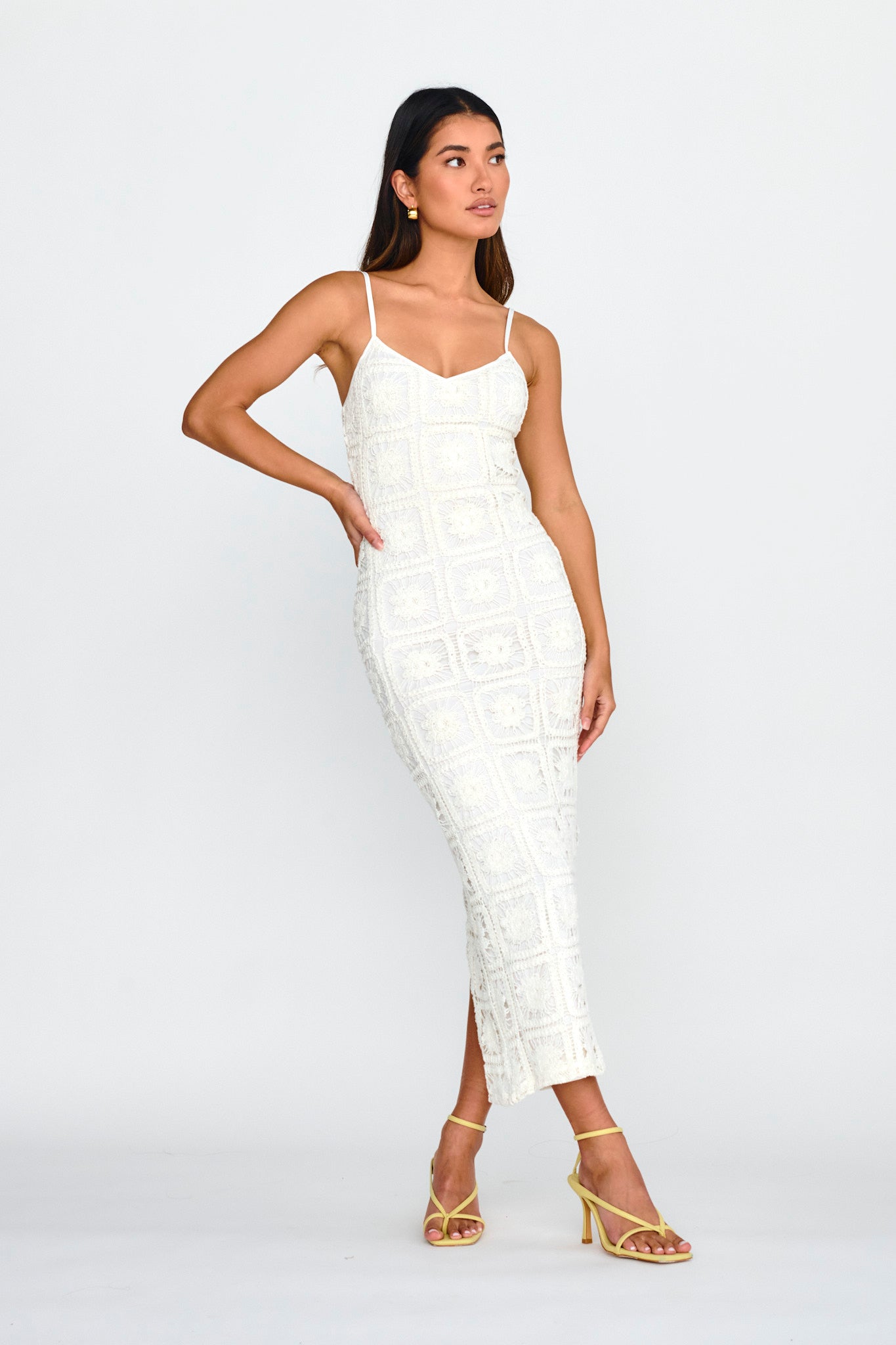 Cayman Sunset Crochet Midi Dress White-Maymioy