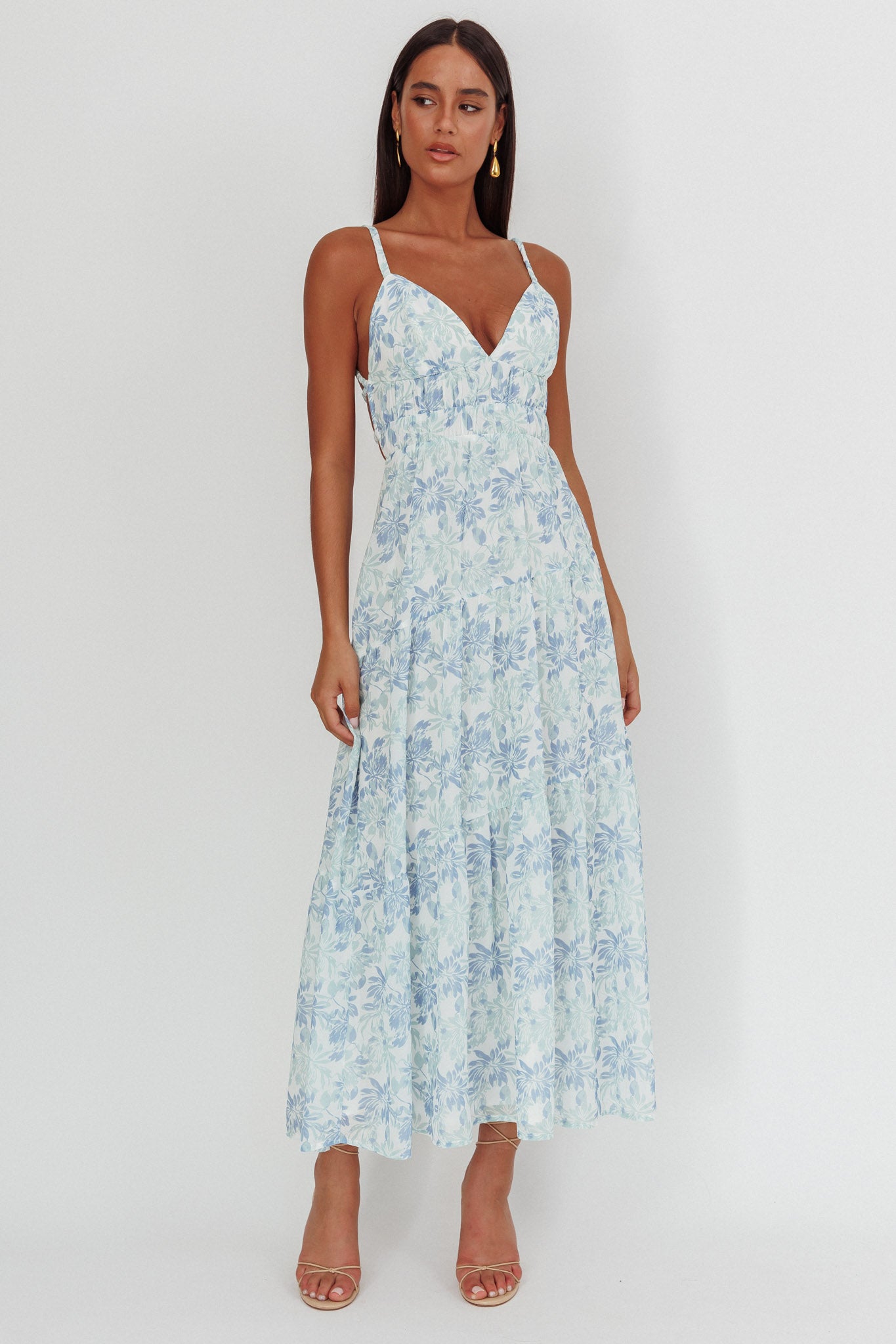 South Pacific Strappy Back Maxi Dress Floral Blue-Maymioy