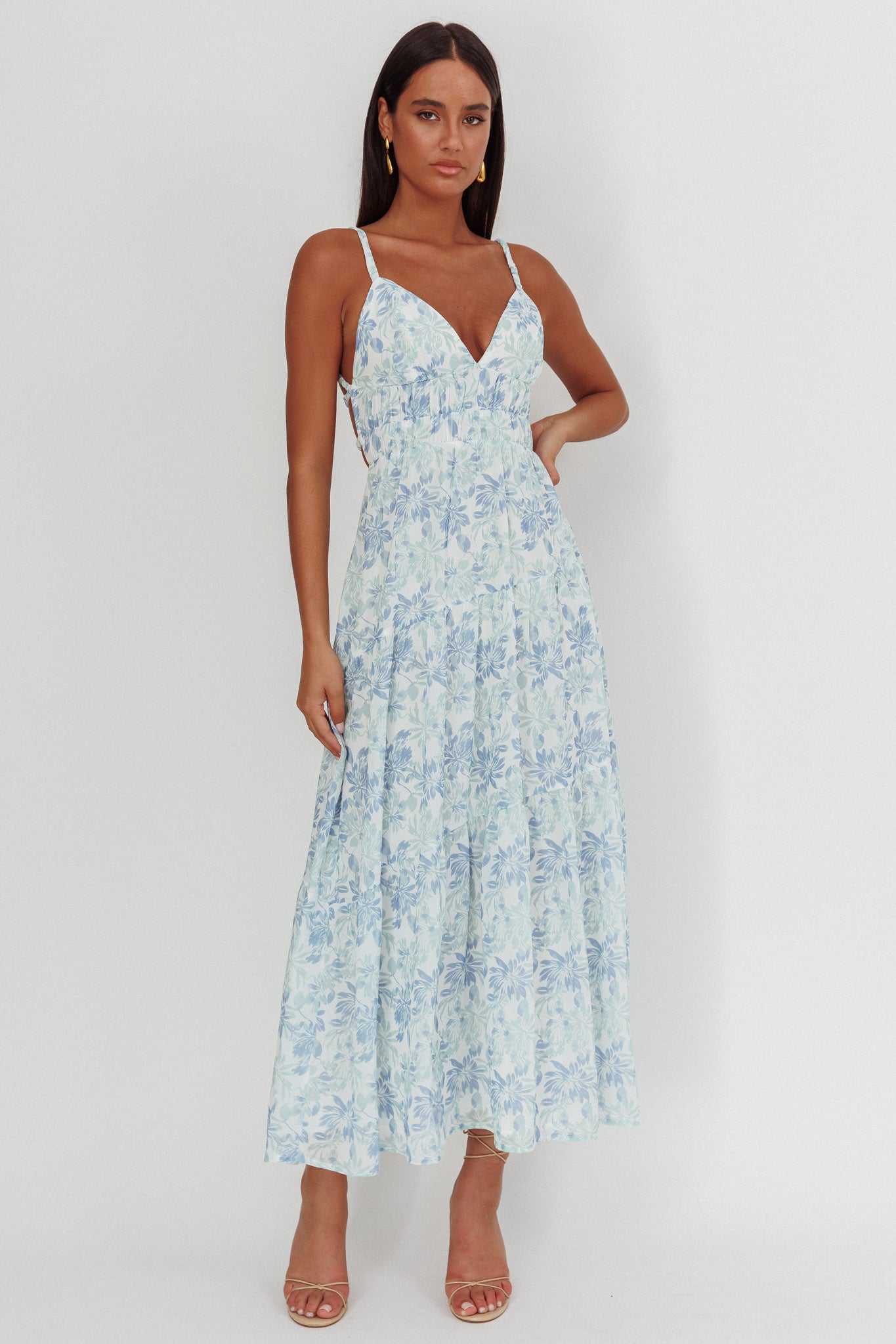 South Pacific Strappy Back Maxi Dress Floral Blue-Maymioy