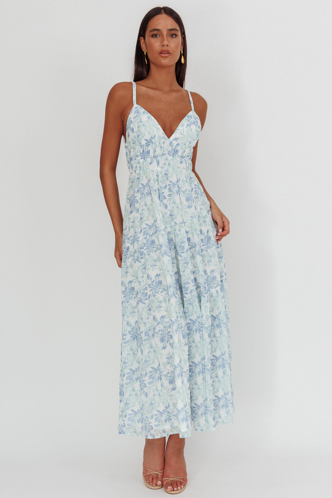 South Pacific Strappy Back Maxi Dress Floral Blue-Maymioy