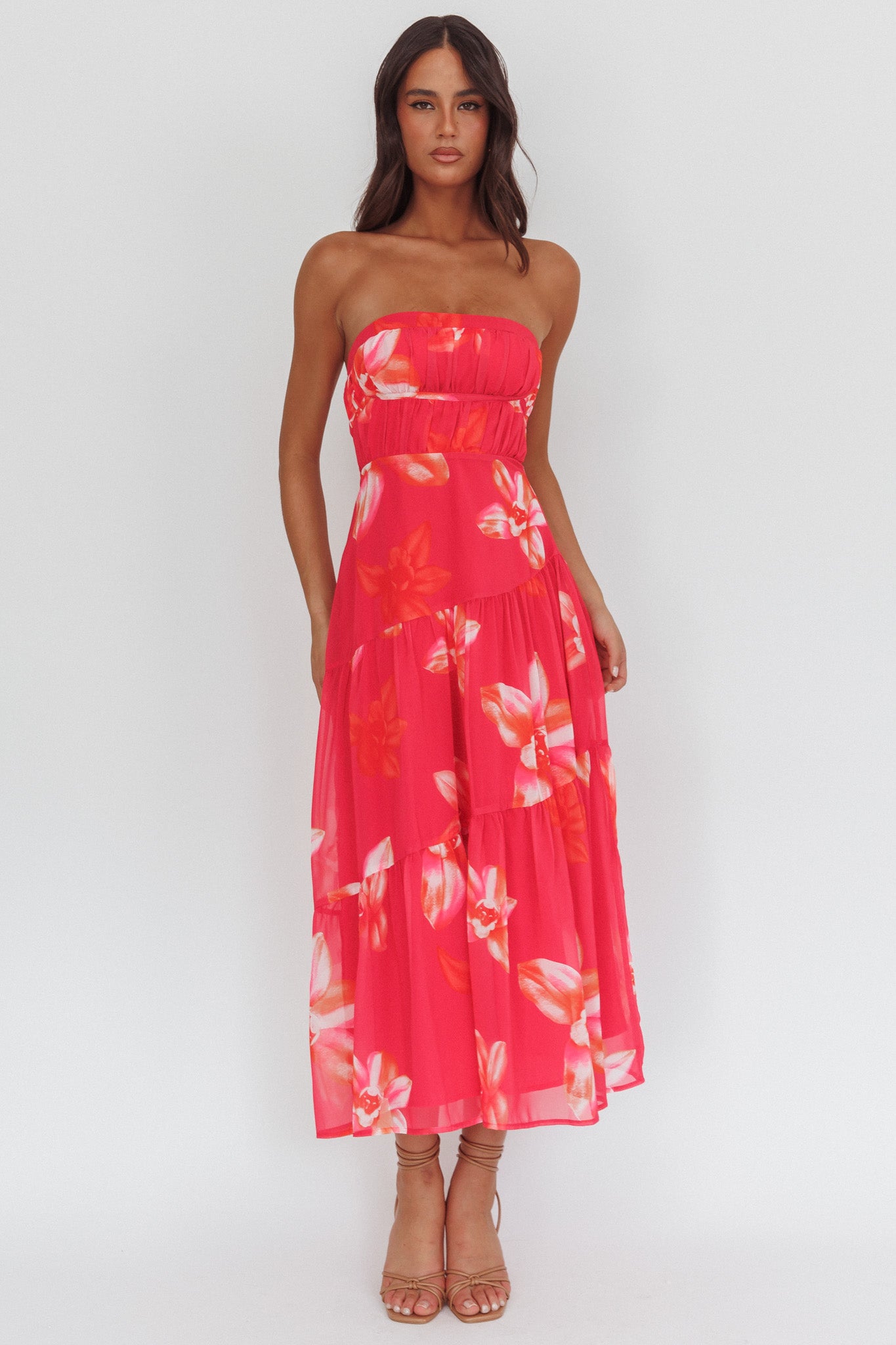South Pacific Strapless Strappy Back Midi Length Floral Pink-Maymioy
