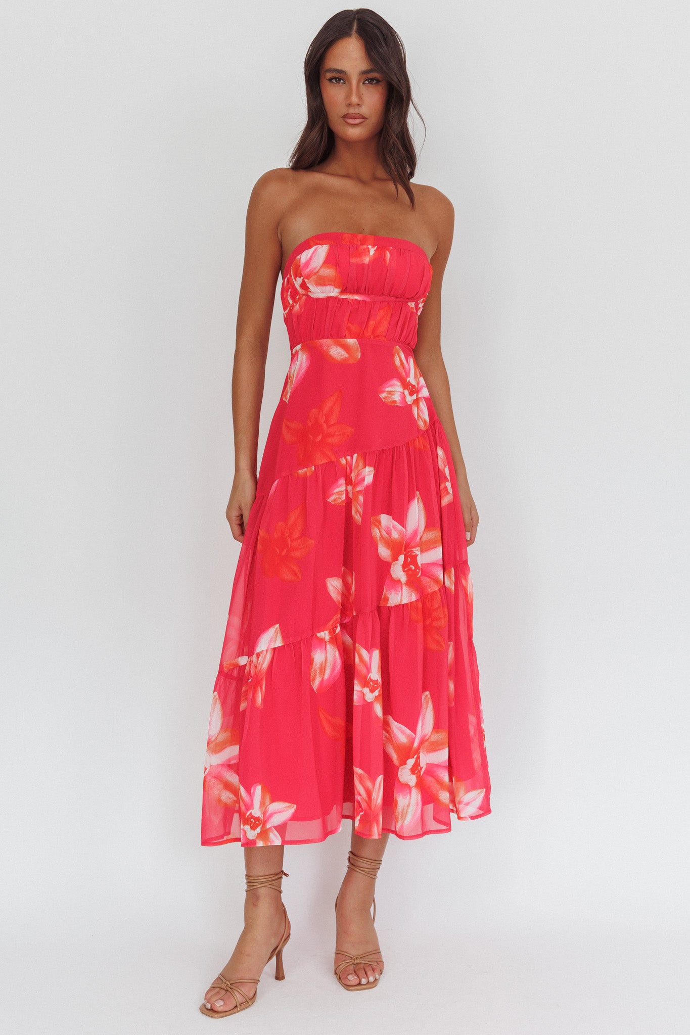 South Pacific Strapless Strappy Back Midi Length Floral Pink-Maymioy