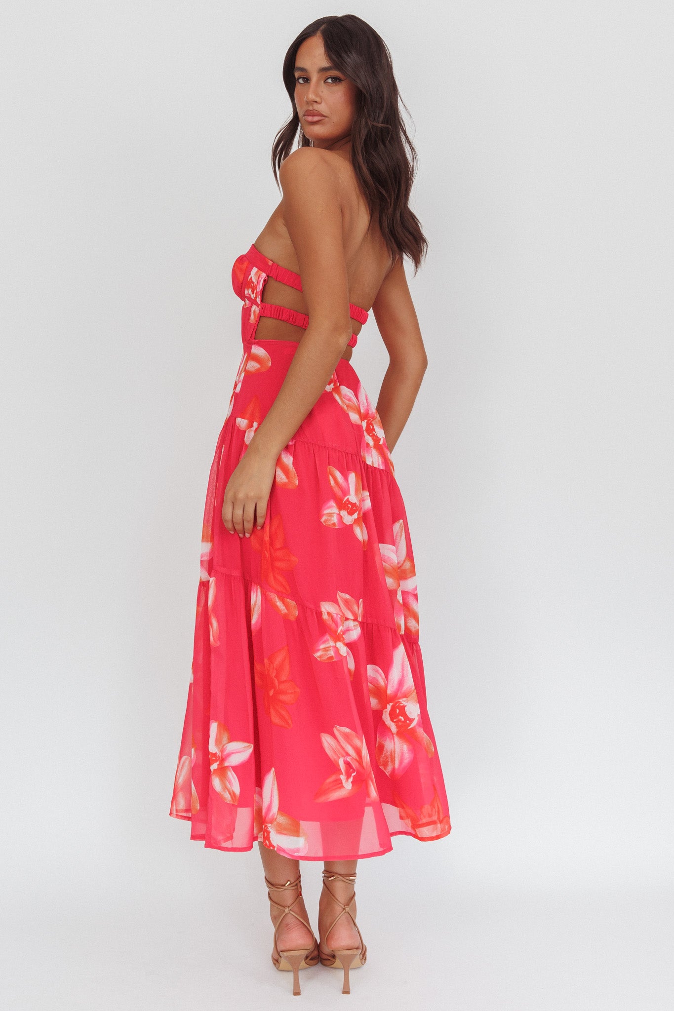 South Pacific Strapless Strappy Back Midi Length Floral Pink-Maymioy