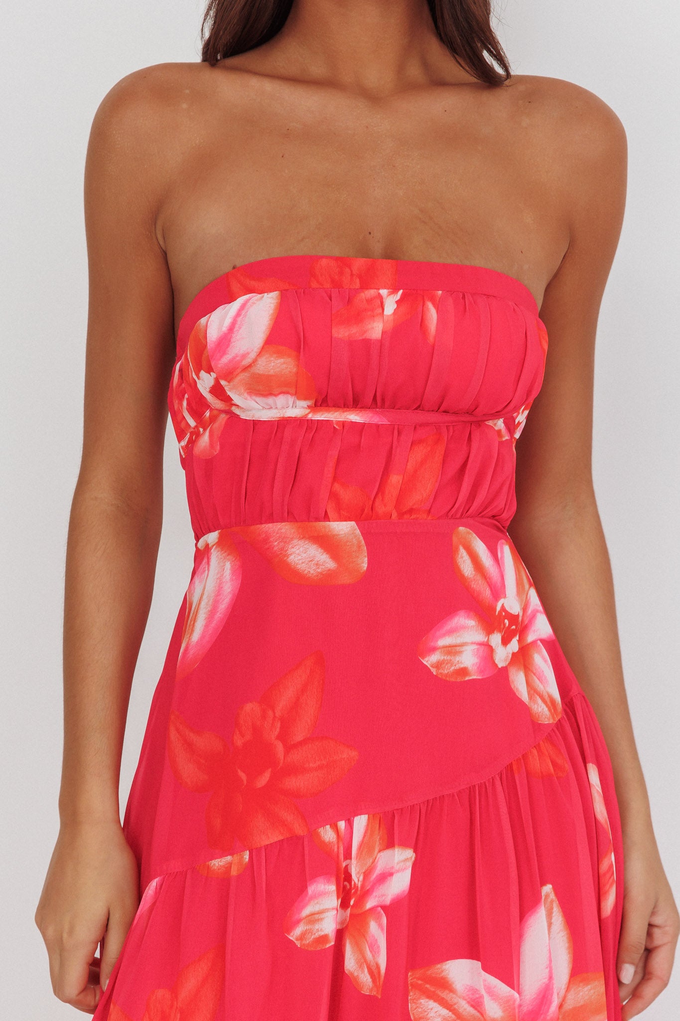South Pacific Strapless Strappy Back Midi Length Floral Pink-Maymioy