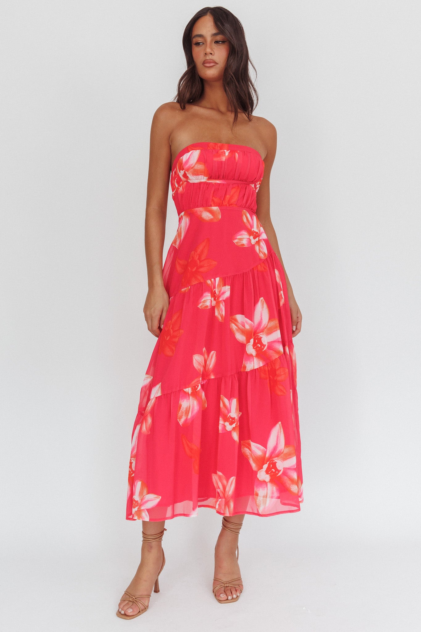 South Pacific Strapless Strappy Back Midi Length Floral Pink-Maymioy
