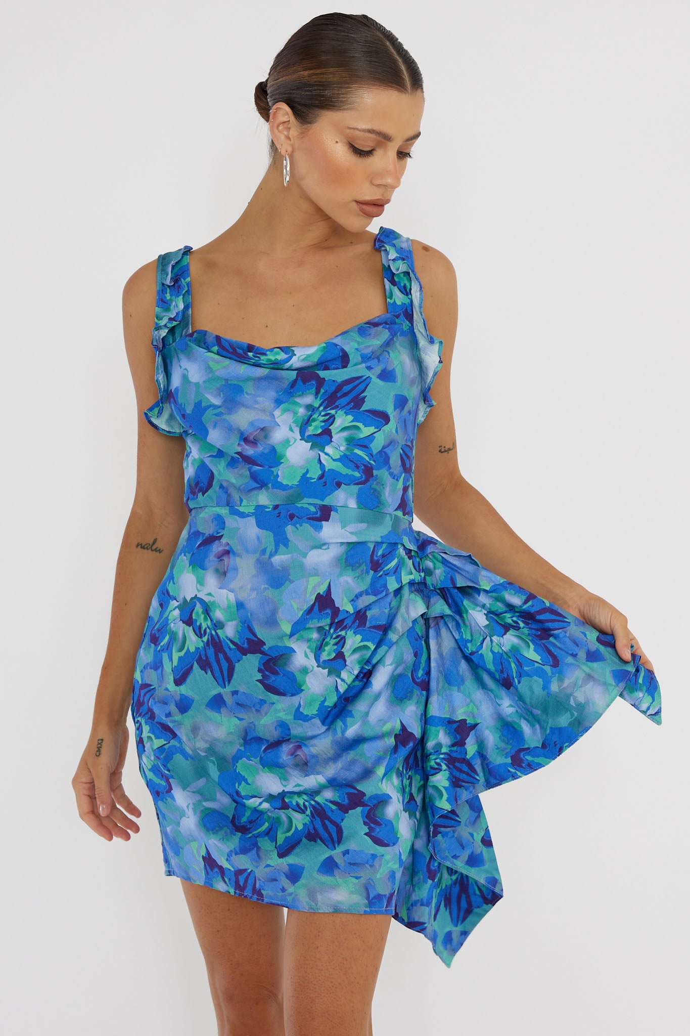 Heart Beat Ruffle Trim Mini Dress Blue-Maymioy