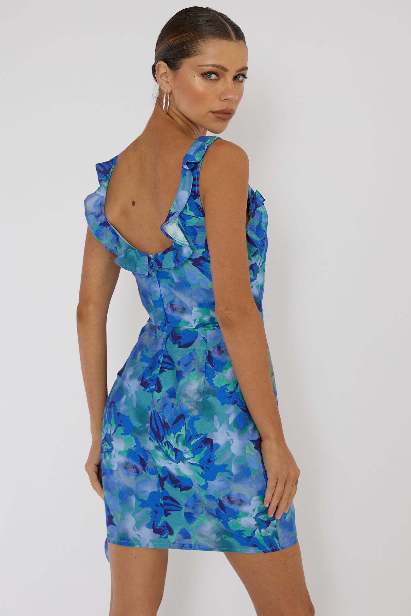 Heart Beat Ruffle Trim Mini Dress Blue-Maymioy