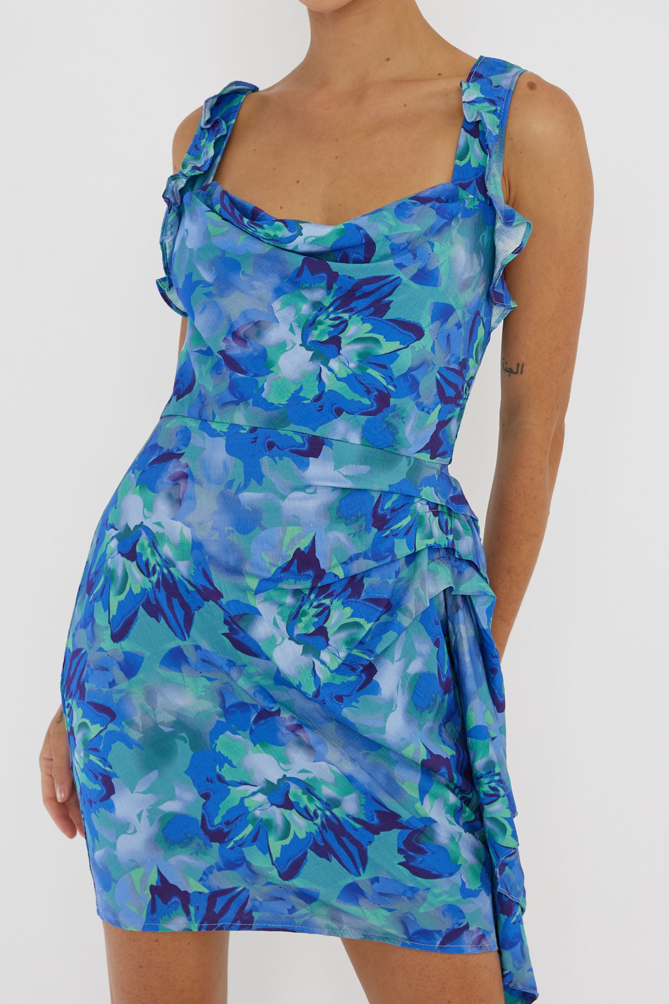 Heart Beat Ruffle Trim Mini Dress Blue-Maymioy