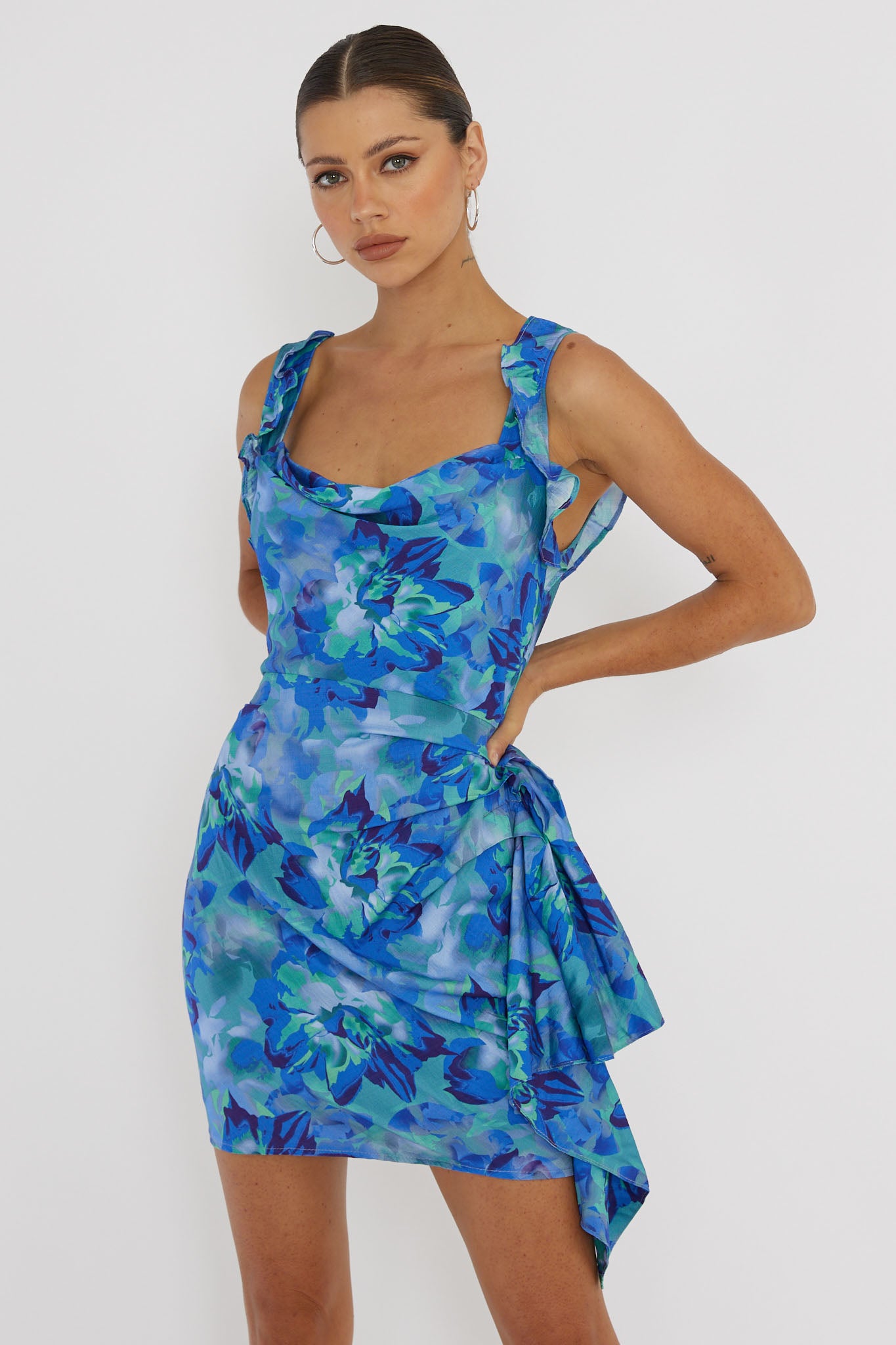 Heart Beat Ruffle Trim Mini Dress Blue-Maymioy