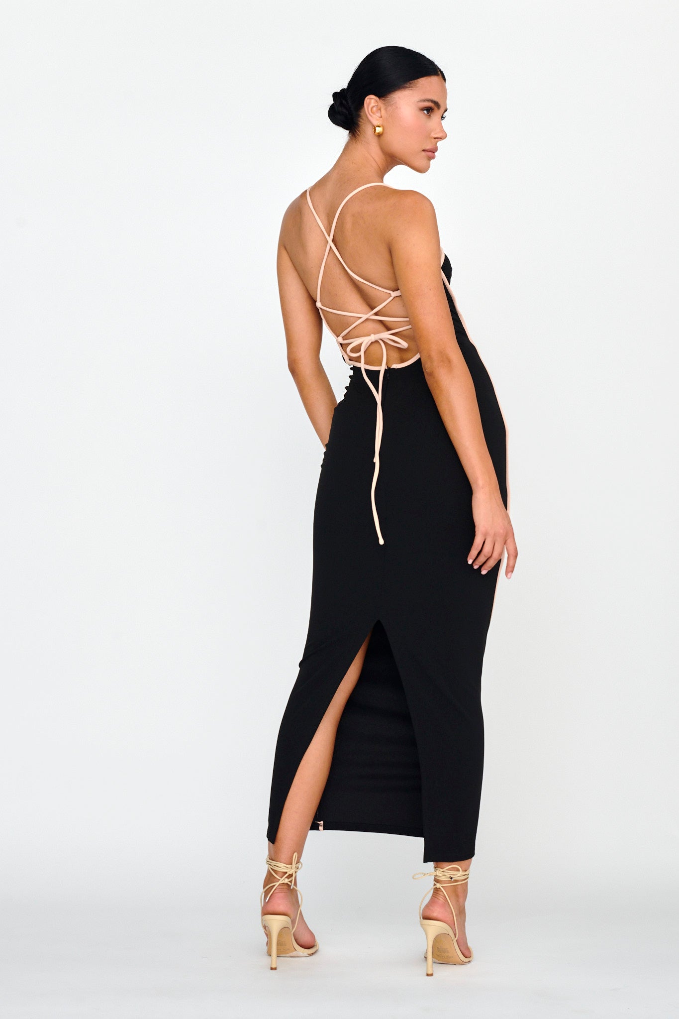 Future Awaits Lace-Up Back Maxi Dress Black-Maymioy