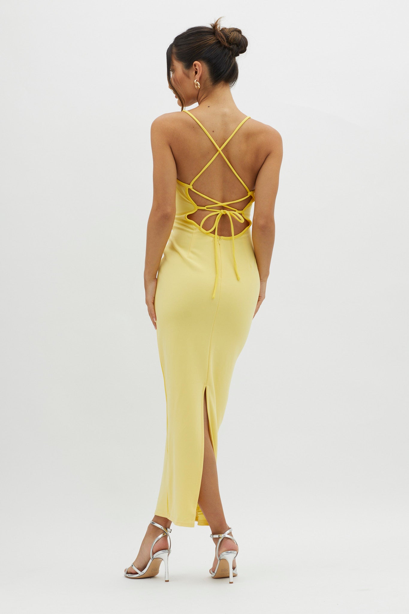 Future Awaits Lace-Up Back Maxi Dress Yellow-Maymioy
